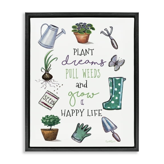 Stupell Industries Grow a Happy Life Botanical & Floral Painting Black Floater Framed Art Print Wall Art, 17 x 21