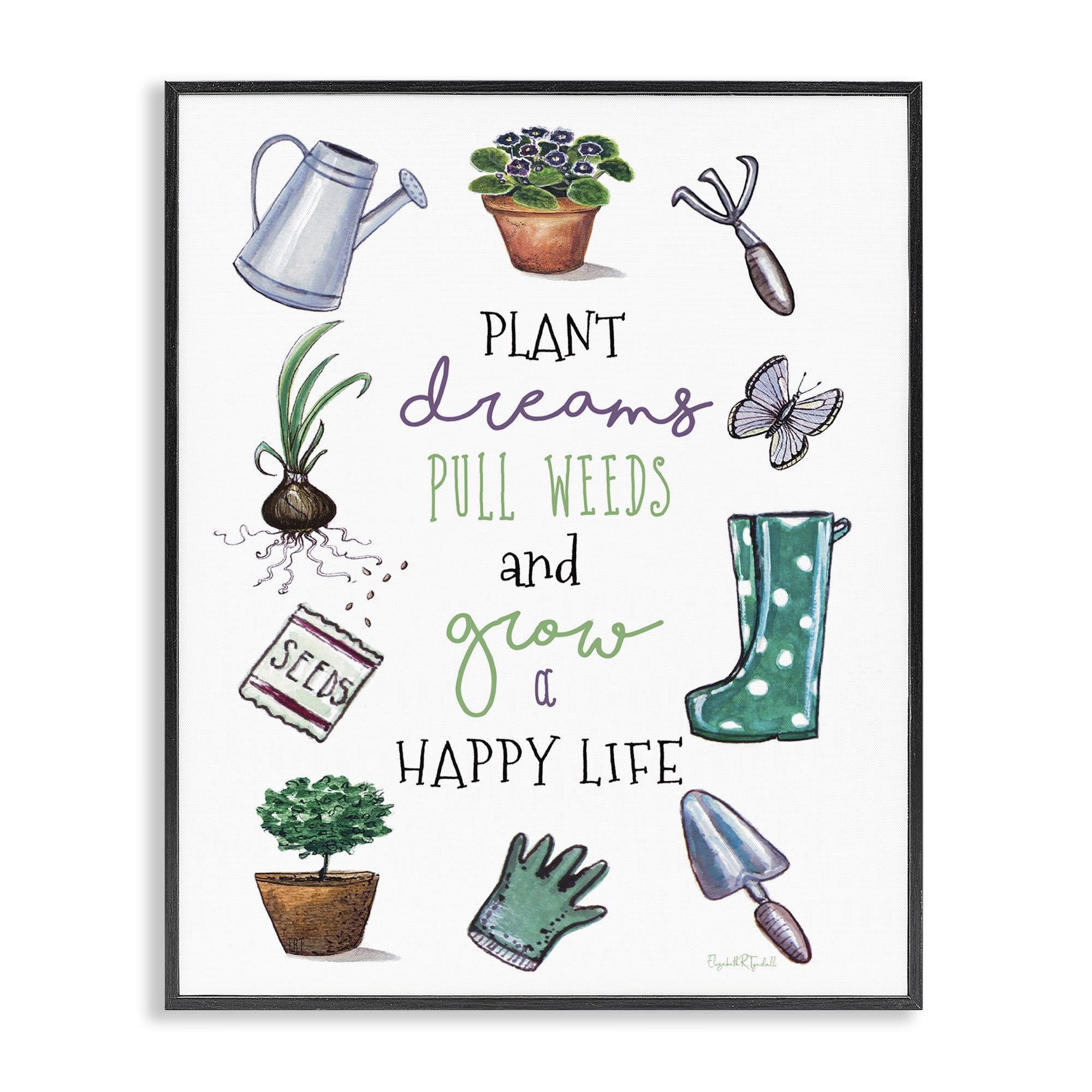 Stupell Industries Grow a Happy Life Botanical & Floral Painting Black Framed Art Print Wall Art, 24 x 30