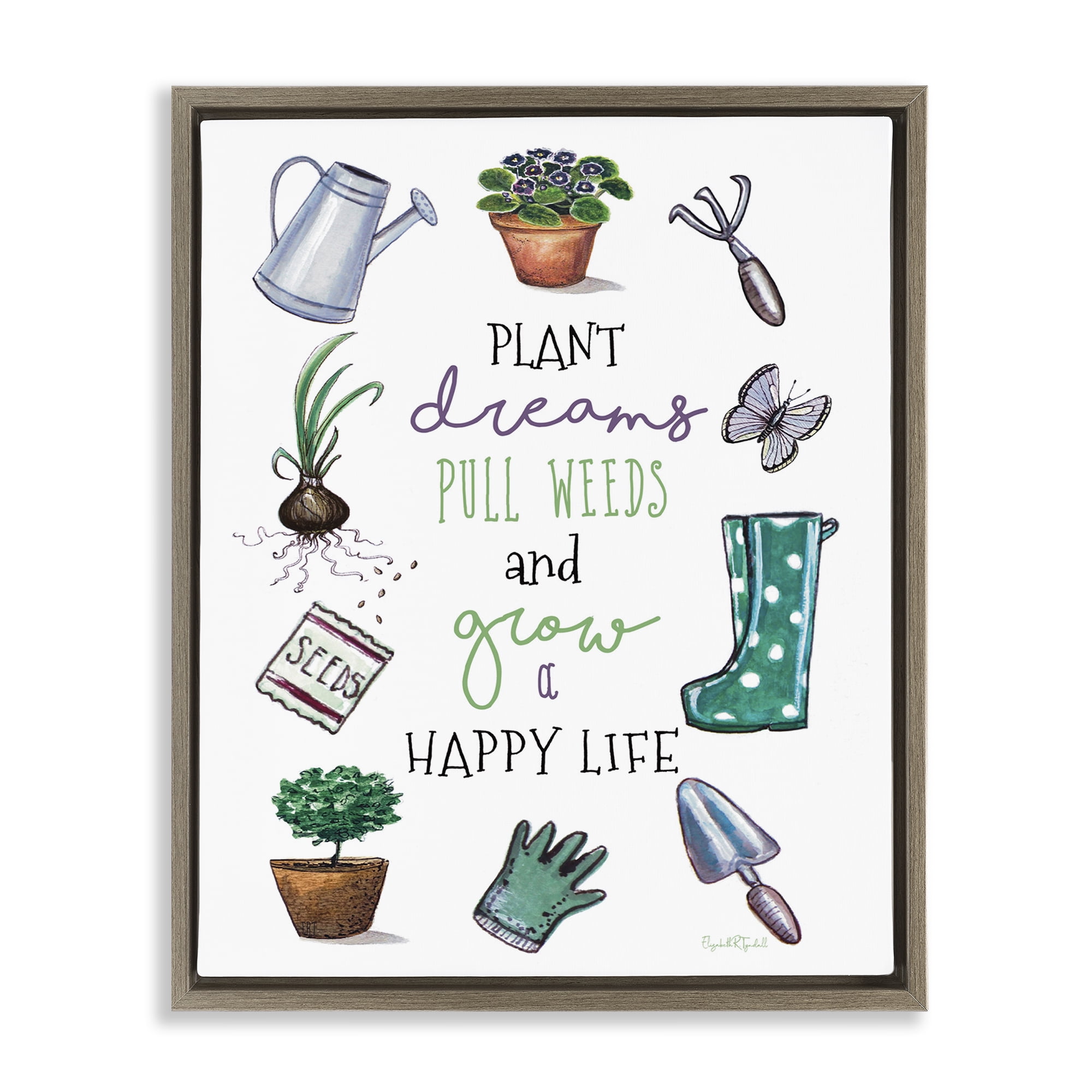 Stupell Industries Grow a Happy Life Botanical & Floral Painting Brown Floater Framed Art Print Wall Art, 17 x 21
