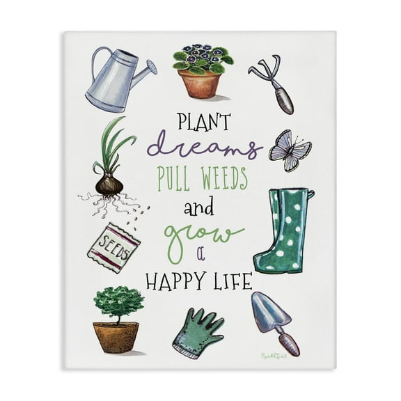 Stupell Industries Grow a Happy Life Botanical & Floral Painting Gallery Wrapped Canvas Art Print Wall Art, 16 x 20