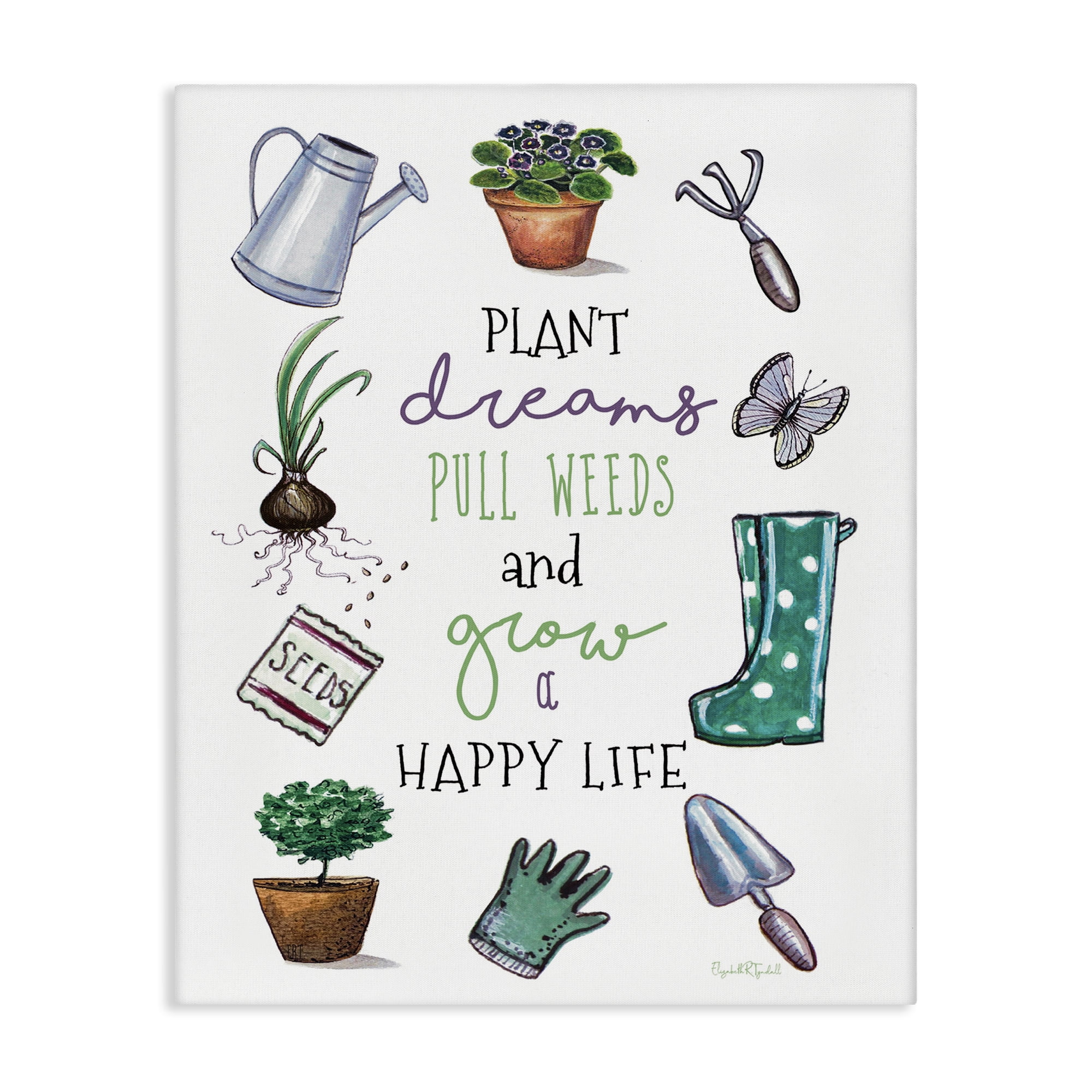 Stupell Industries Grow a Happy Life Botanical & Floral Painting Gallery Wrapped Canvas Art Print Wall Art, 36 x 48