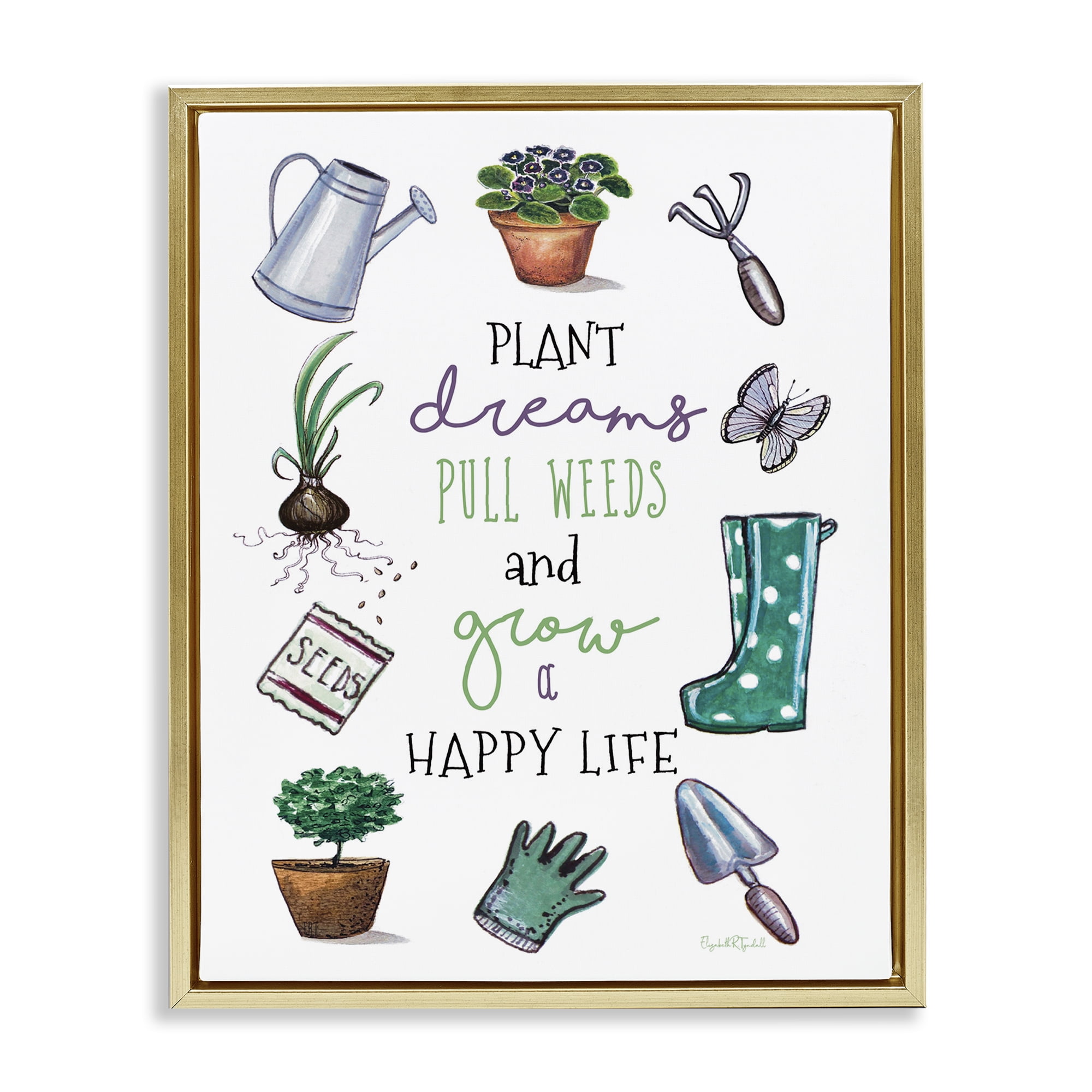 Stupell Industries Grow a Happy Life Botanical & Floral Painting Gold Floater Framed Art Print Wall Art, 25 x 31