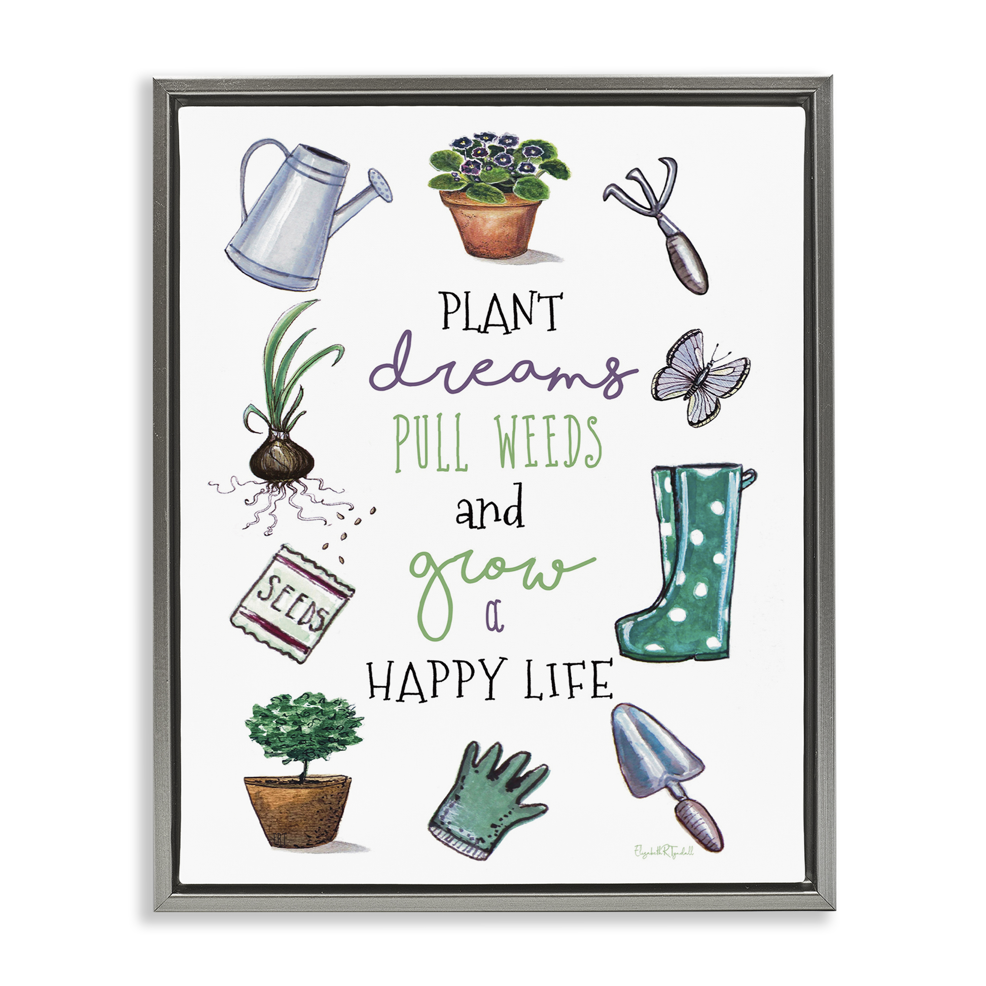 Stupell Industries Grow a Happy Life Botanical & Floral Painting Gray Floater Framed Art Print Wall Art, 25 x 31