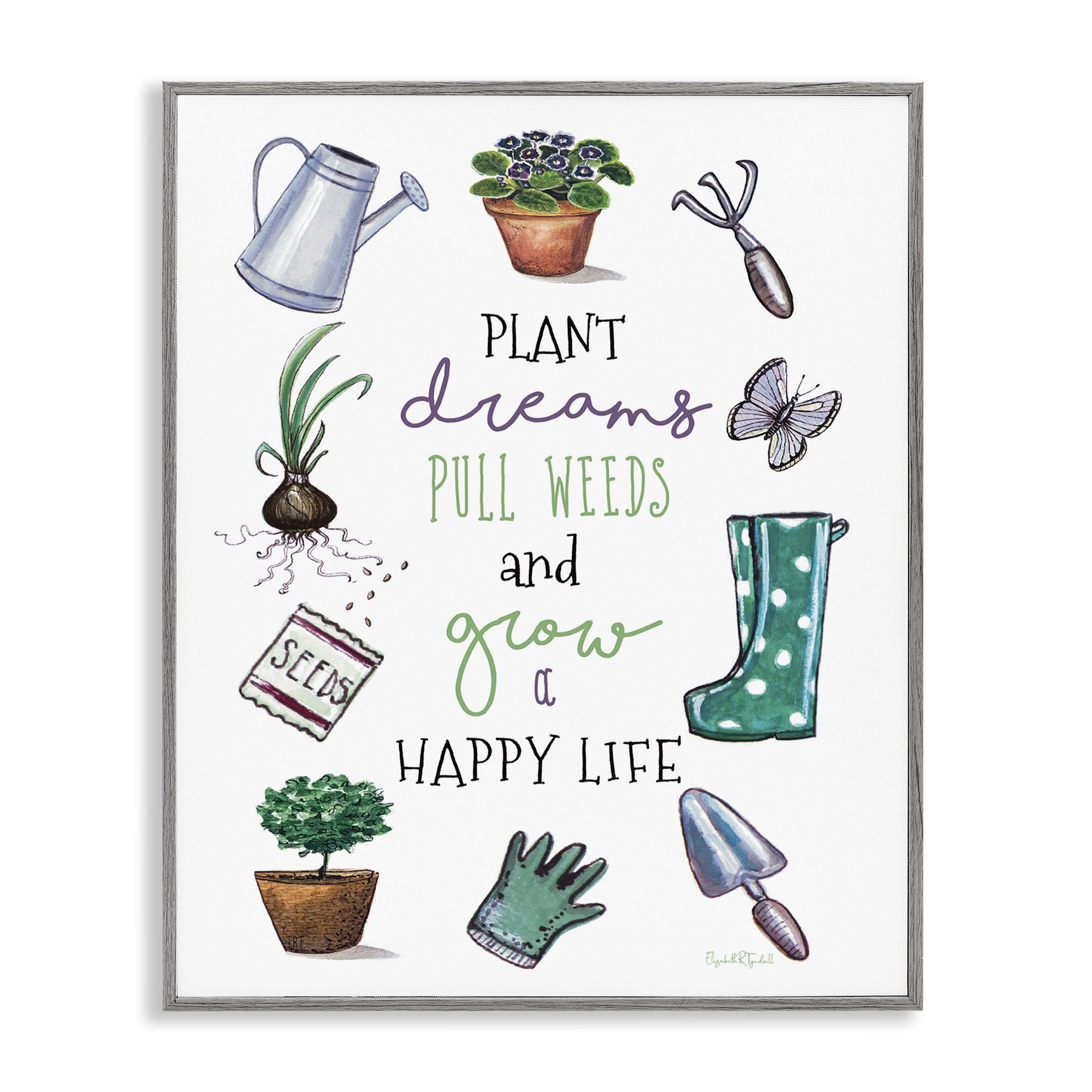 Stupell Industries Grow a Happy Life Botanical & Floral Painting Gray Framed Art Print Wall Art, 24 x 30