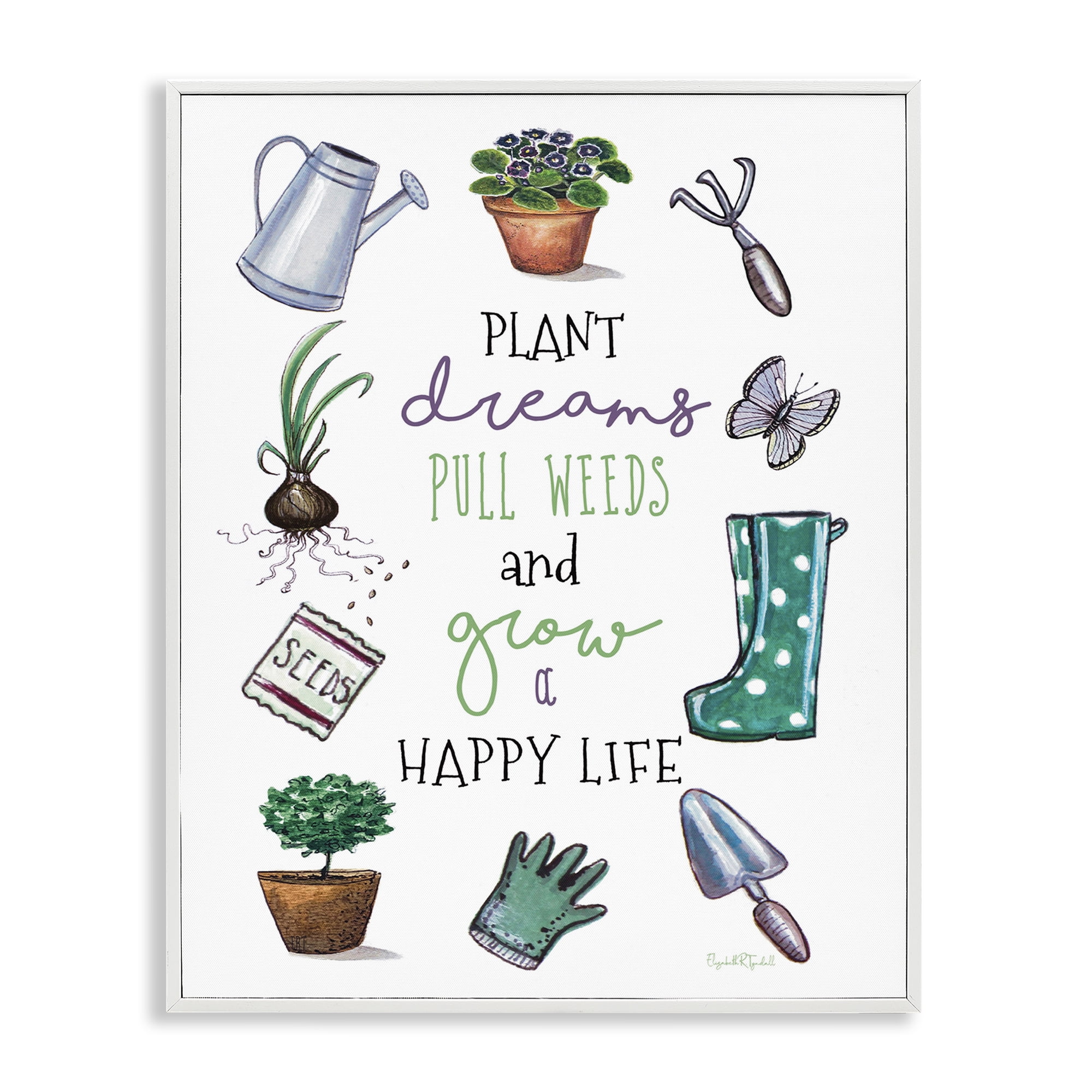 Stupell Industries Grow a Happy Life Botanical & Floral Painting White Framed Art Print Wall Art, 11 x 14