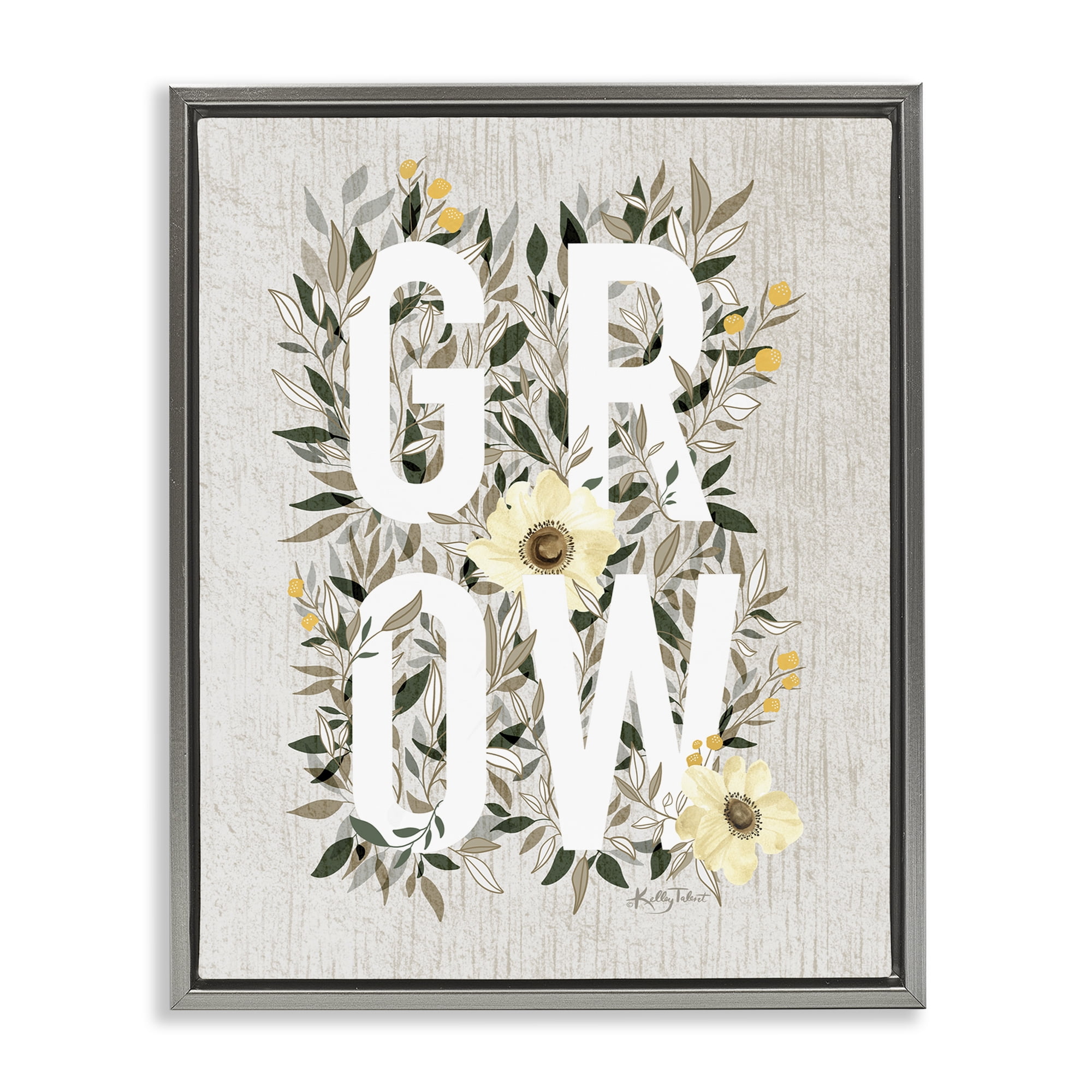 Stupell Industries Grow with Cottage Blooms Plants & Flowers Painting Gray Floater Framed Canvas Art Print Wall Art, 17 x 21