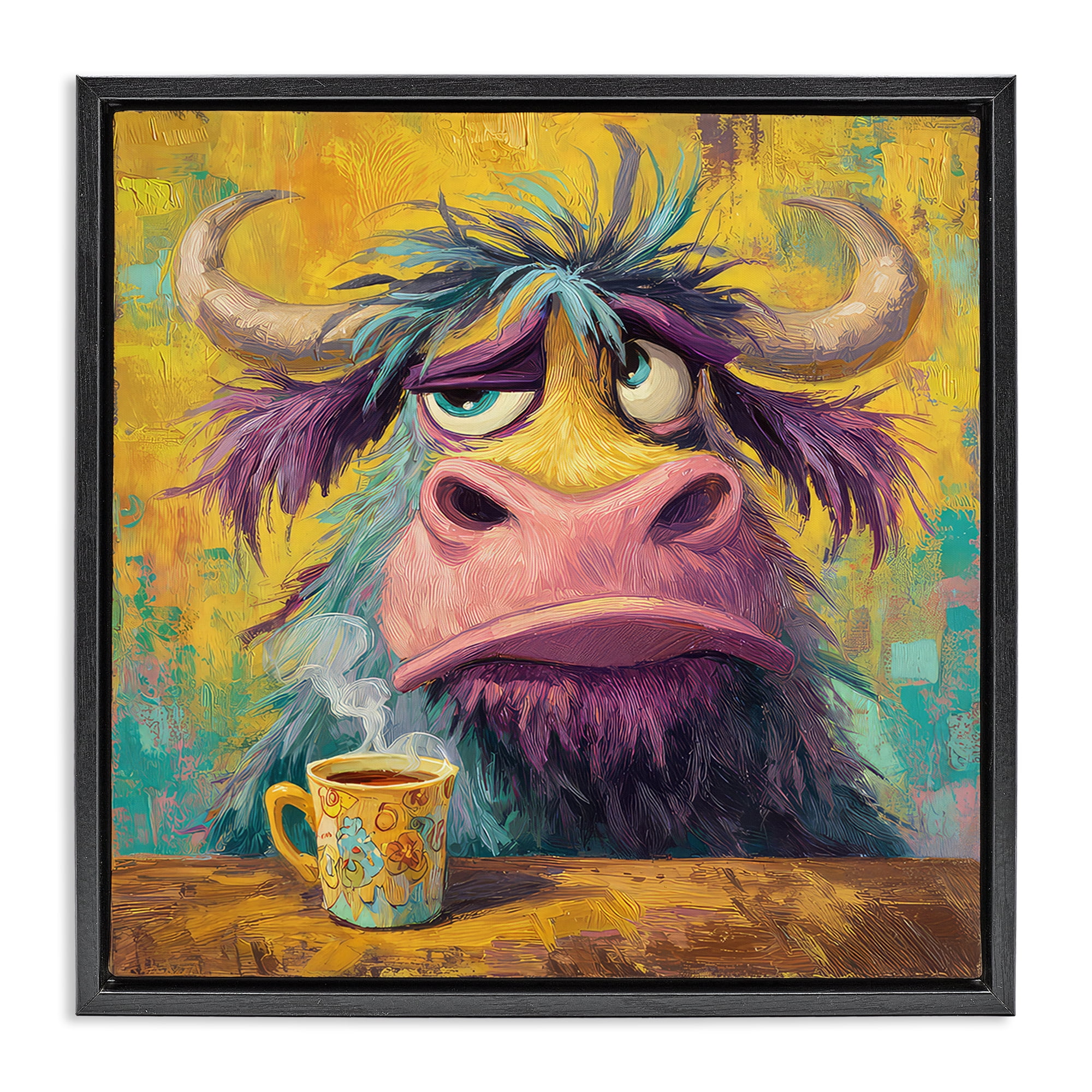 Stupell Industries Grumpy Cow & Mug Black Framed Floater Canvas Wall Art, design by The Wands Want