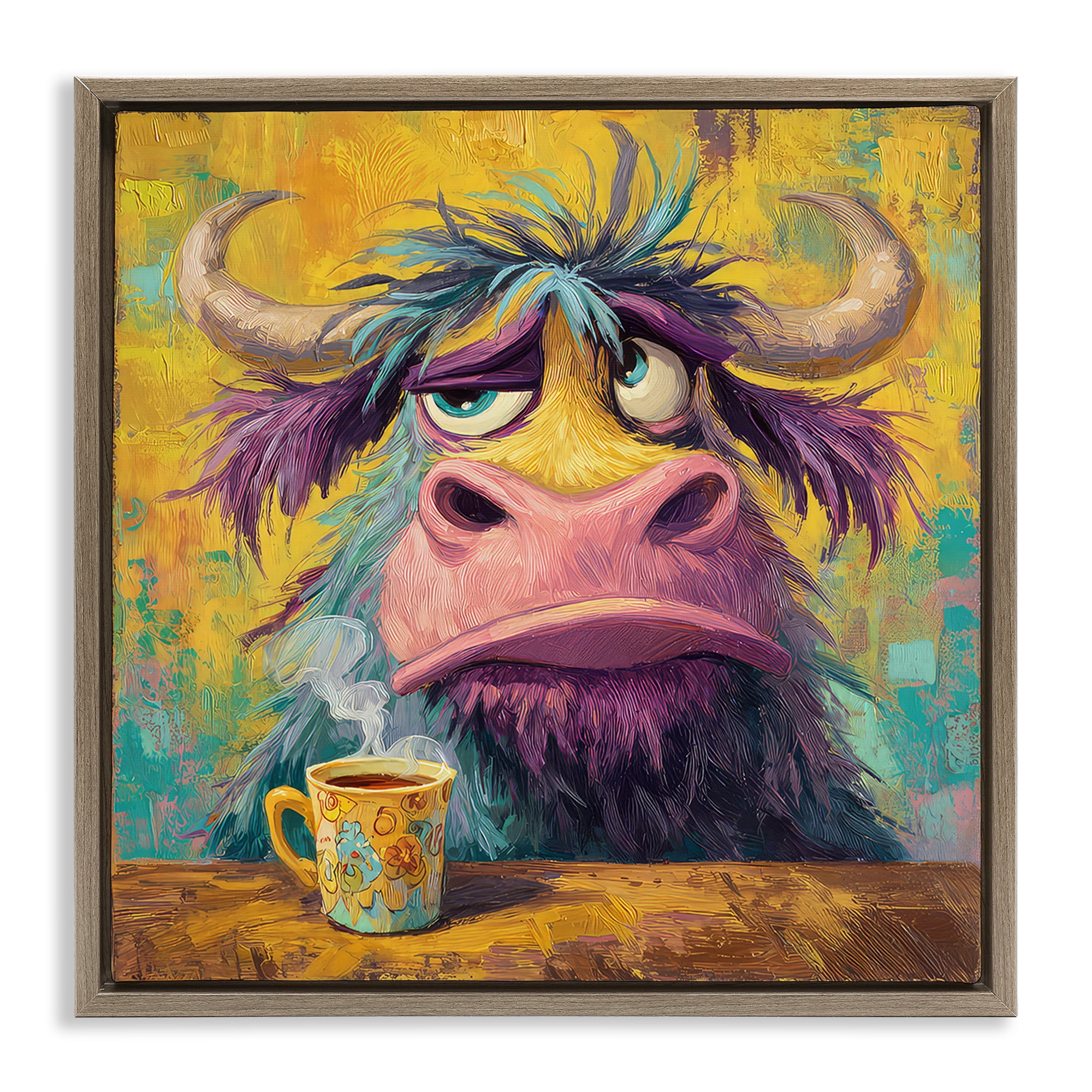 Stupell Industries Grumpy Cow & Mug Brown Framed Floater Canvas Wall Art, design by The Wands Want