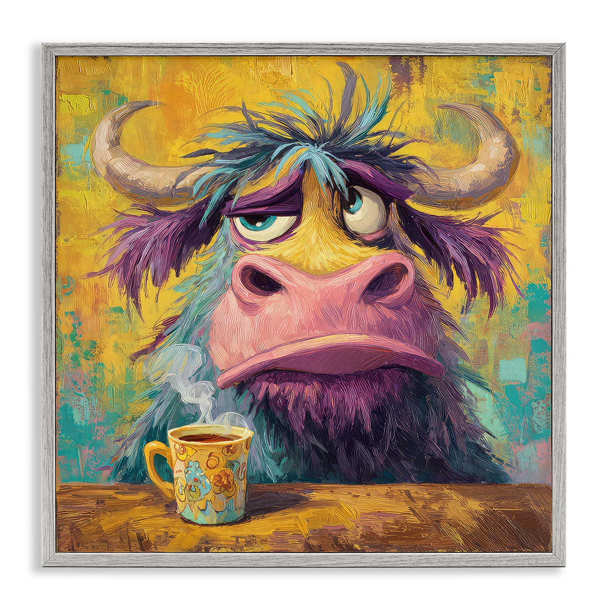Stupell Industries Grumpy Cow & Mug Gray Framed Giclee Art, design by The Wands Want