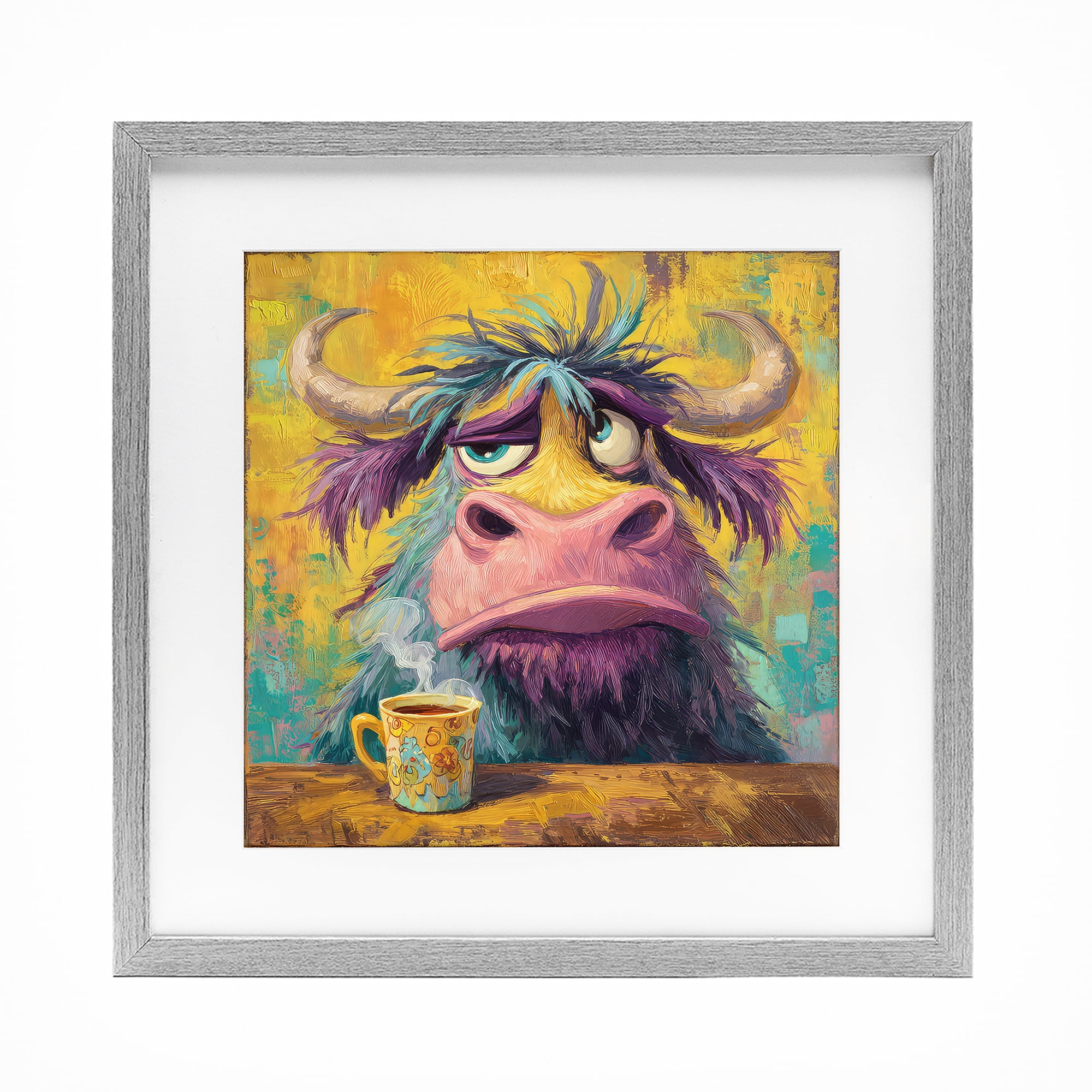 Stupell Industries Grumpy Cow & Mug Gray Framed Print Under Glass, design by The Wands Want