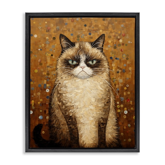 Stupell Industries Grumpy Klimt Cat Animals Painting Black Floater Framed Canvas Art Print Wall Art, 17 x 21