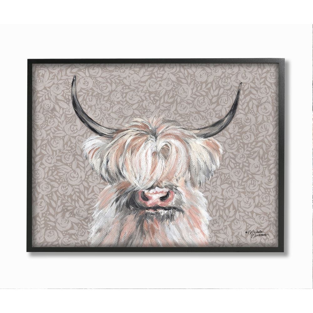 Stupell Industries Grumpy White Buffalo on Floral Print Farm Animal Framed Wall Art Design by Michele Norman, 11" x 14", Black Framed