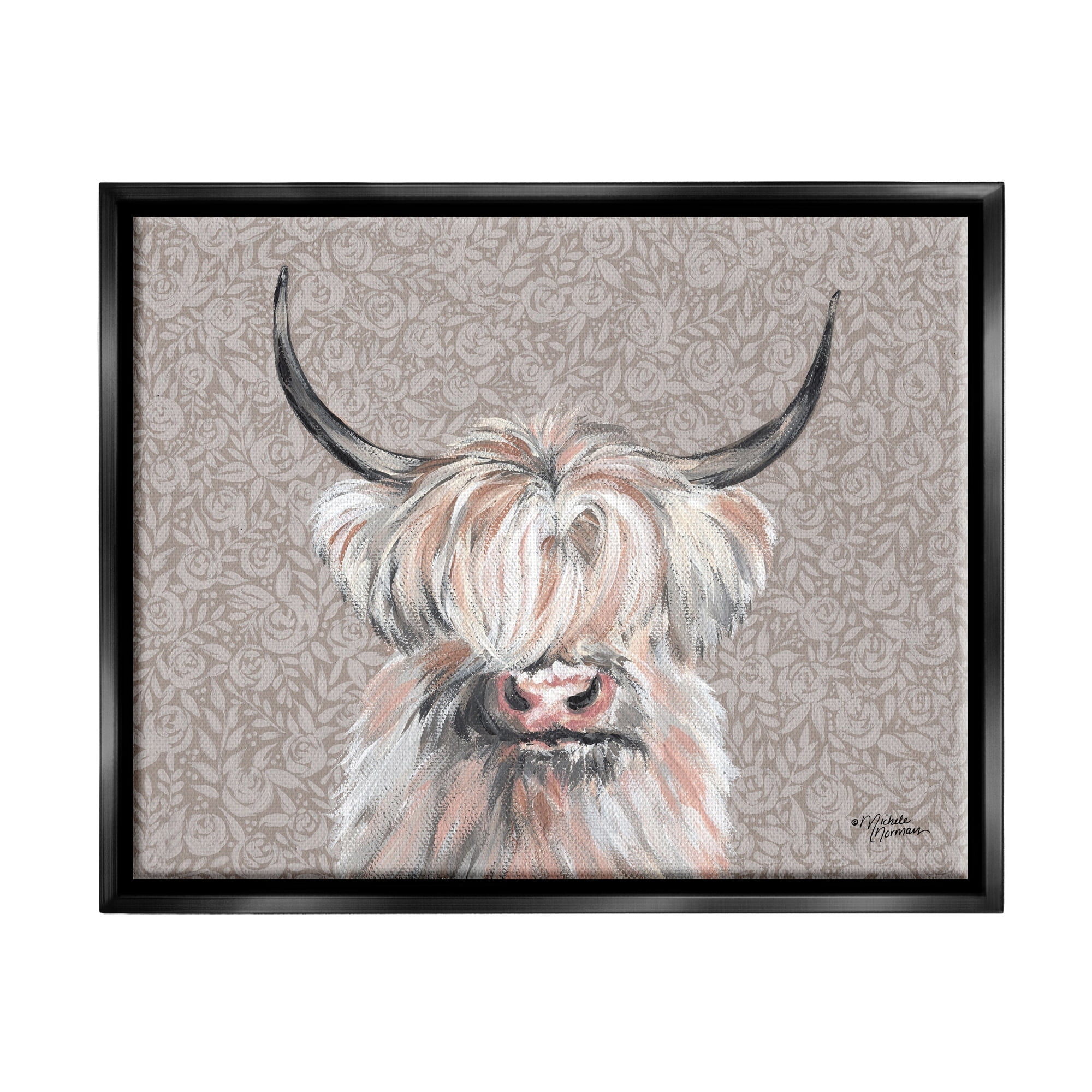 Stupell Industries Grumpy White Buffalo on Floral Print Farm Animal Luster Gray Framed Floating Canvas Wall Art, 16x20, by Michele Norman