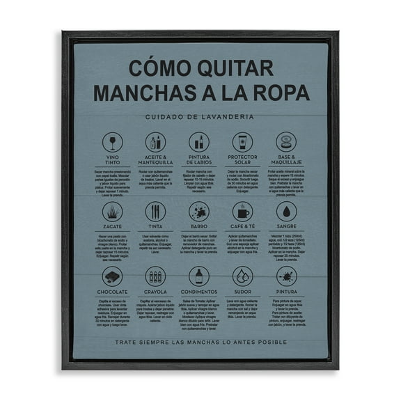 Stupell Industries Guía de Limpieza de Manchas, Azul Bath & Laundry Painting Black Floater Framed Art Print Wall Art, 17 x 21