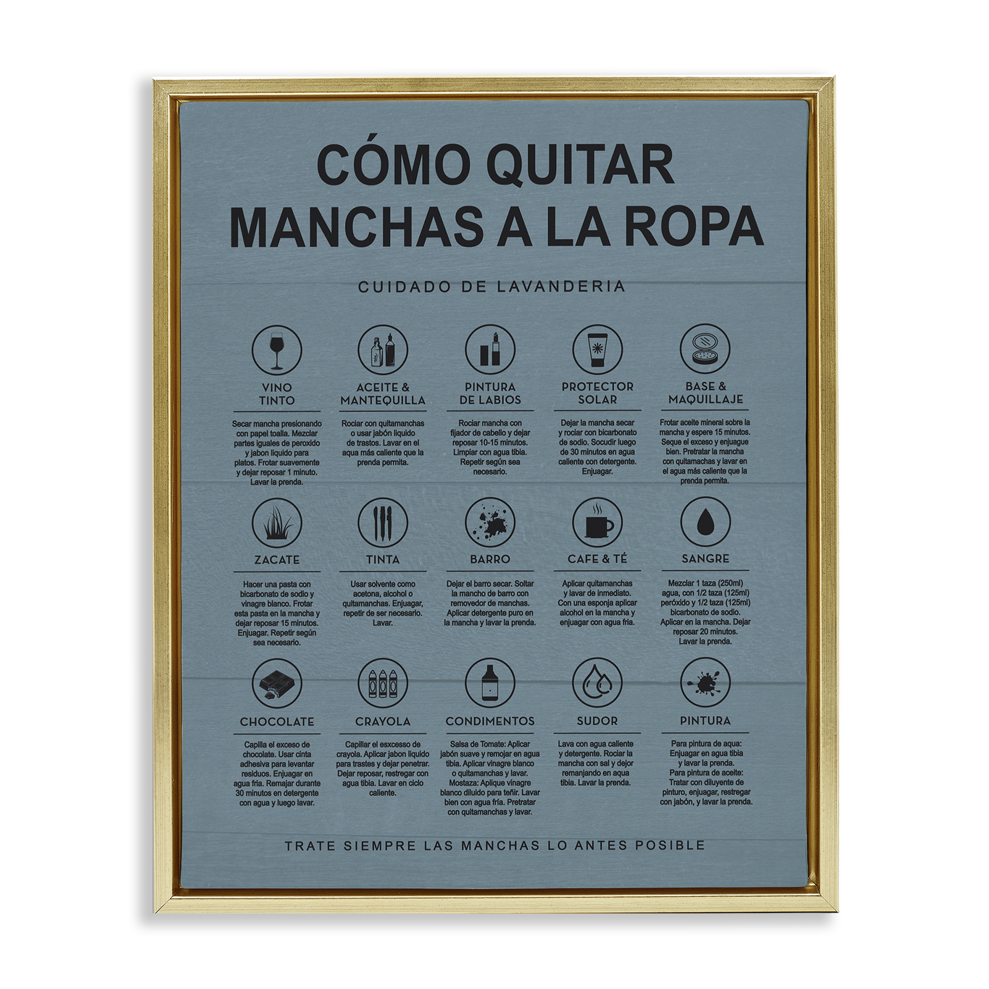 Stupell Industries Guía de Limpieza de Manchas, Azul Bath & Laundry Painting Gold Floater Framed Art Print Wall Art, 25 x 31