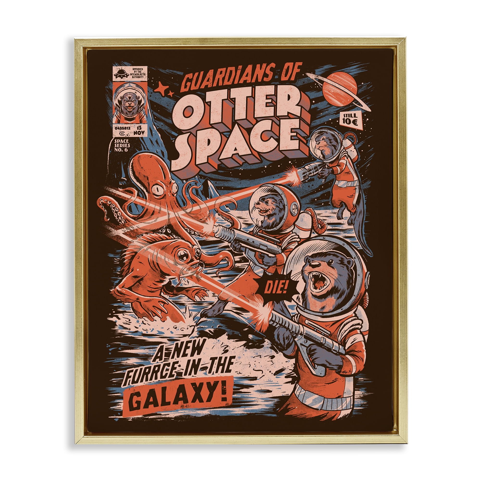 Stupell Industries Guardians Of Otter Space Retro Gold Framed Floater Canvas Wall Art, design by EduEly Designs