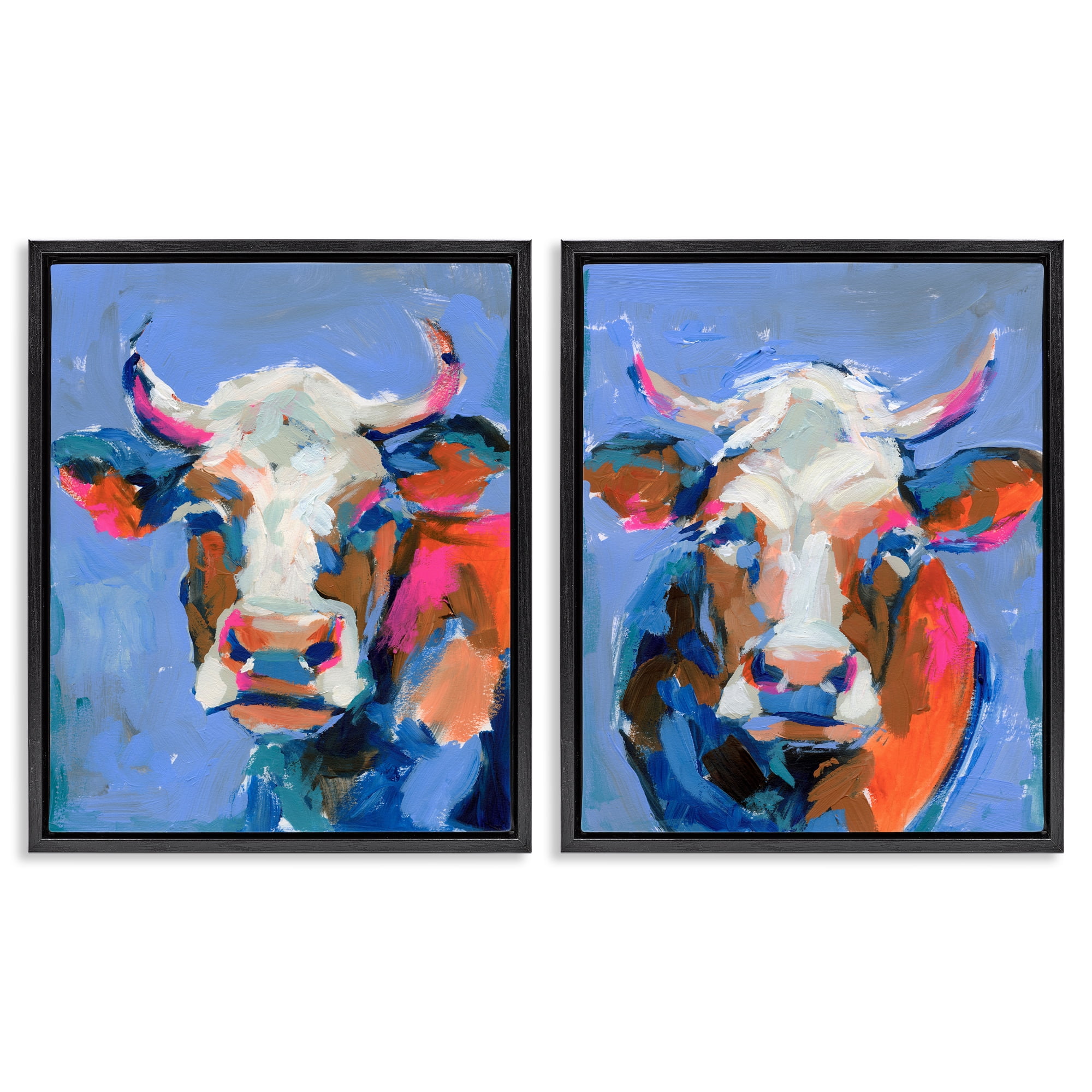 Stupell Industries Guernsey Cow Horned Portrait Animals Painting Black Floater Framed Canvas Art Print Wall Art, 17 x 21, Set of 2