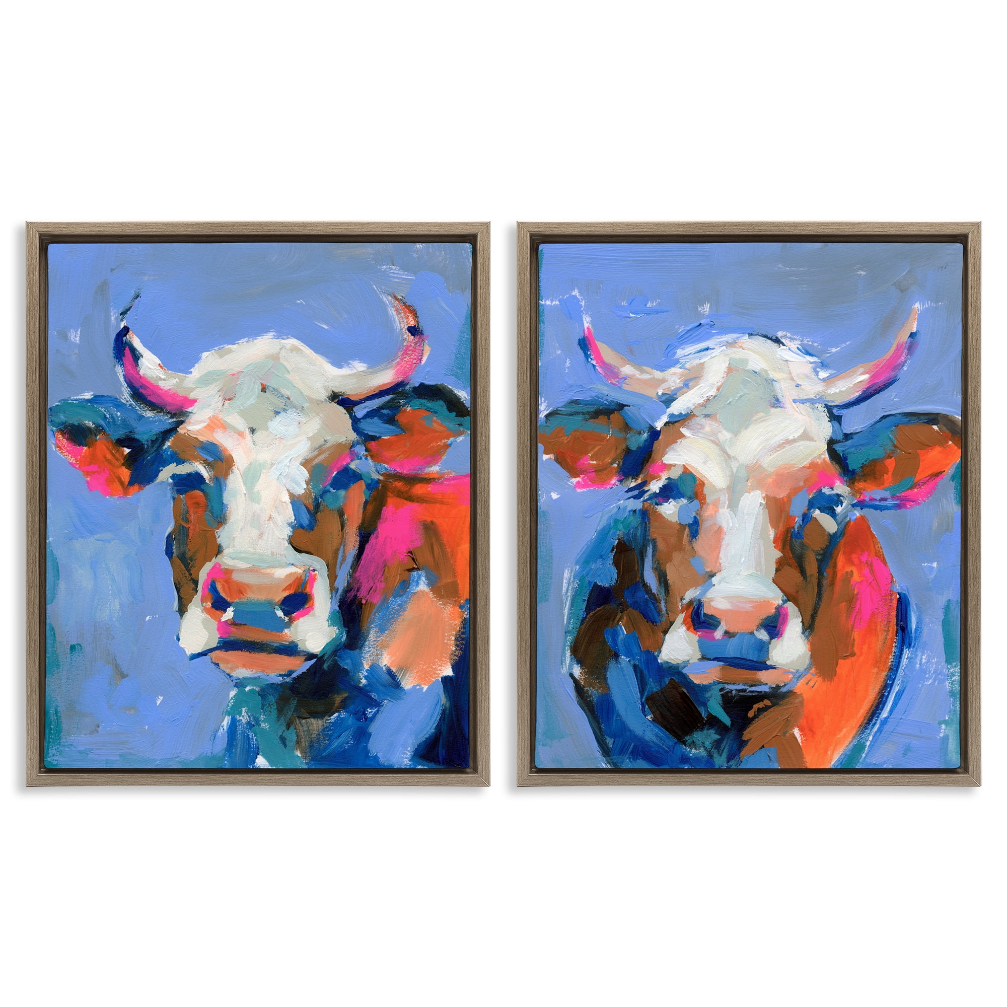 Stupell Industries Guernsey Cow Horned Portrait Animals Painting Brown Floater Framed Canvas Art Print Wall Art, 31 x 25, Set of 2