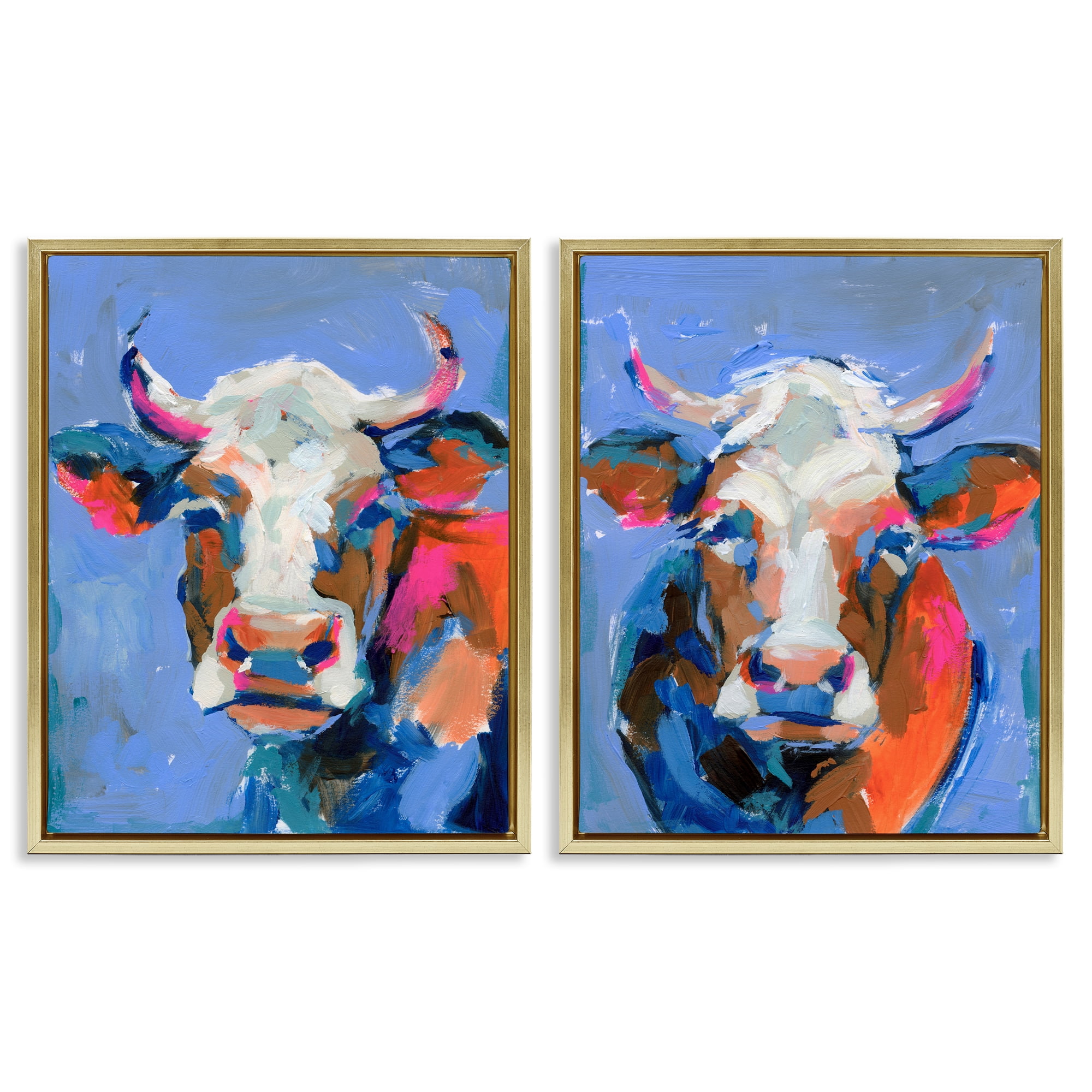 Stupell Industries Guernsey Cow Horned Portrait Animals Painting Gold Floater Framed Canvas Art Print Wall Art, 17 x 21, Set of 2