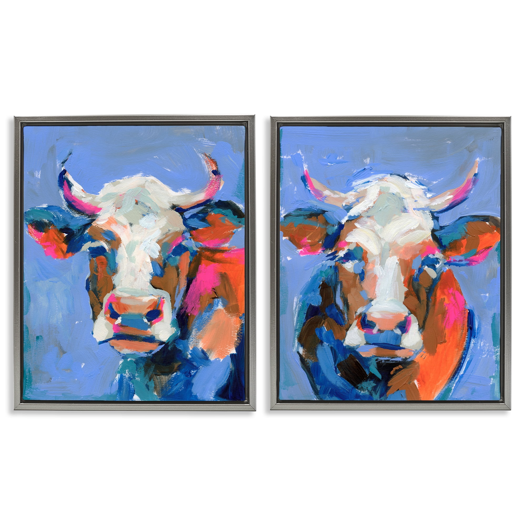 Stupell Industries Guernsey Cow Horned Portrait Animals Painting Gray Floater Framed Canvas Art Print Wall Art, 17 x 21, Set of 2