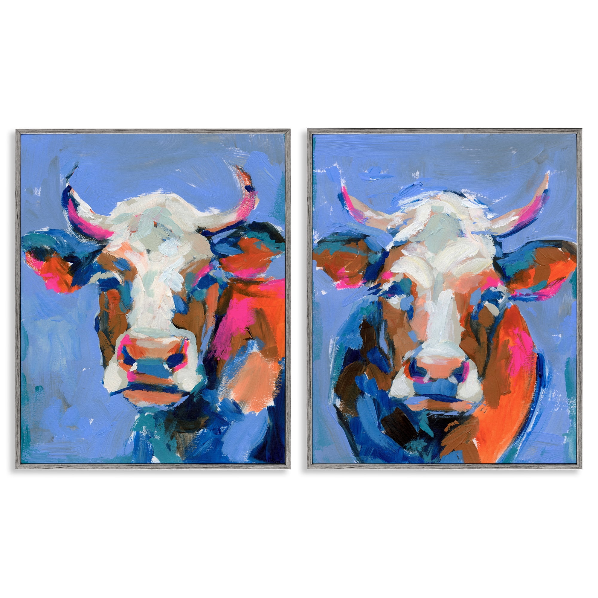 Stupell Industries Guernsey Cow Horned Portrait Animals Painting Gray Framed Art Print Wall Art, 16 x 20, Set of 2