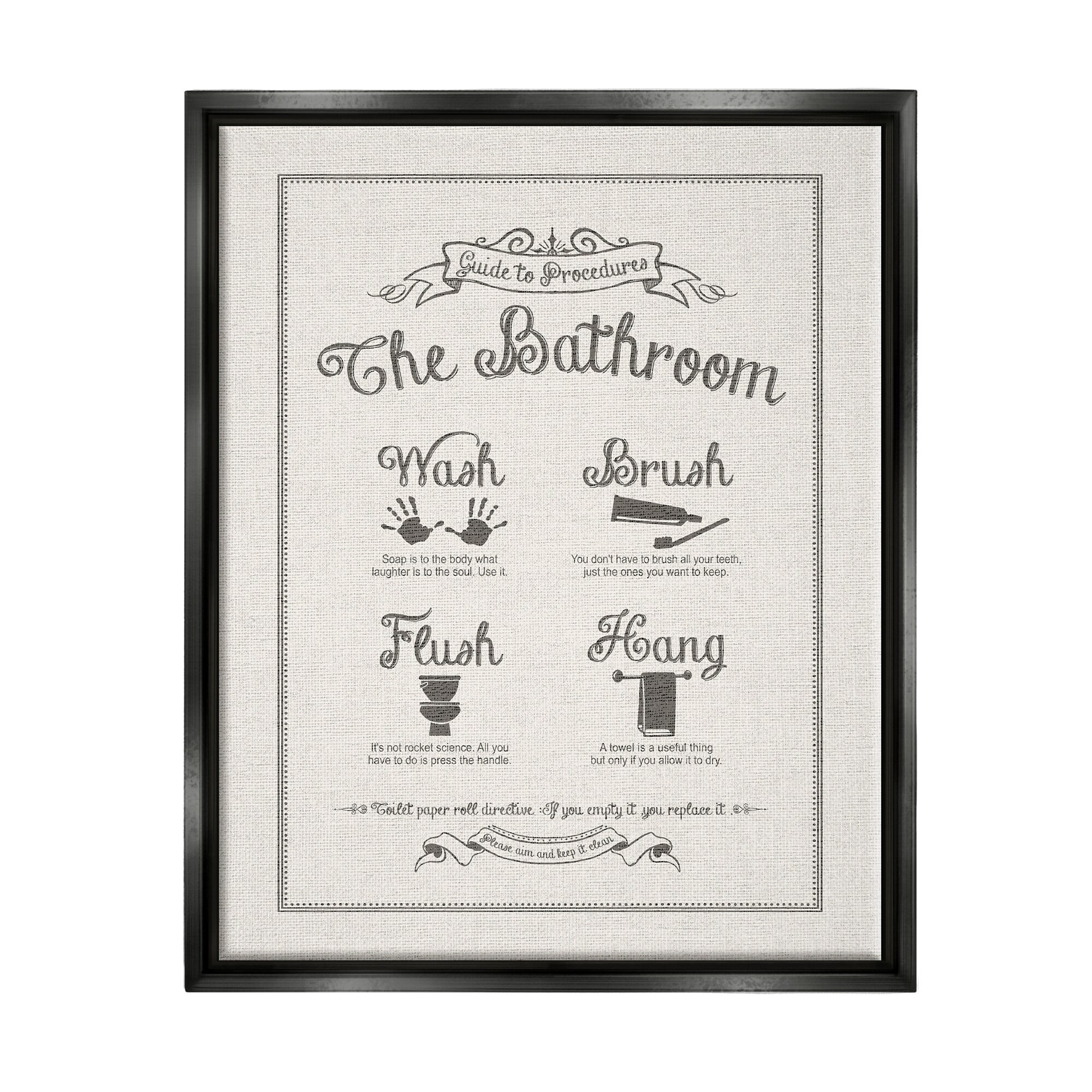 Stupell Industries Guide To Bathroom Procedures Linen Look Jet Black Framed Floating Canvas Wall Art, 24x30, by Lettered and Lined