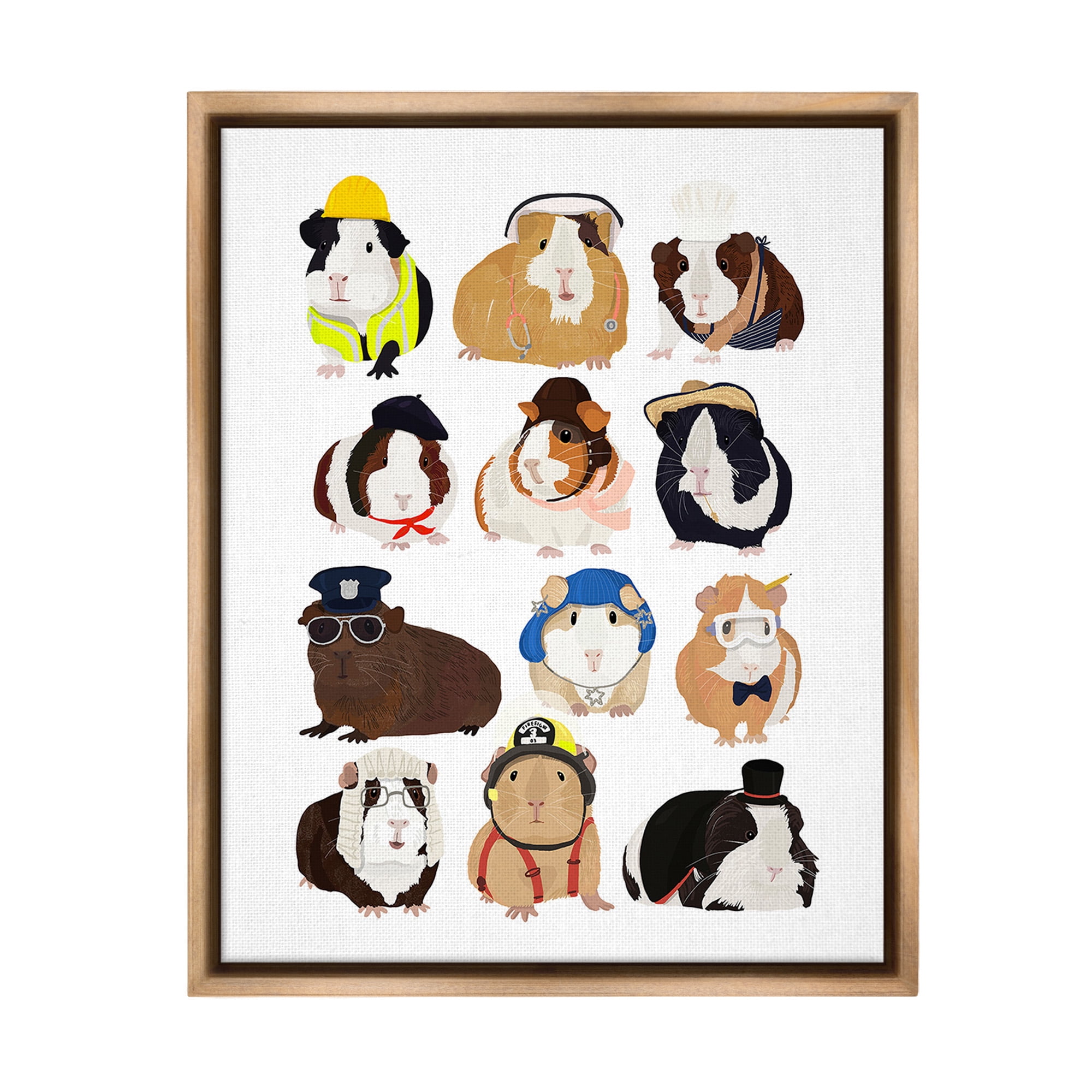 Stupell Industries Guinea Pigs Various Uniforms Animals & Insects Painting Brown Floater Framed Canvas Art Print Wall Art, 17 x 21