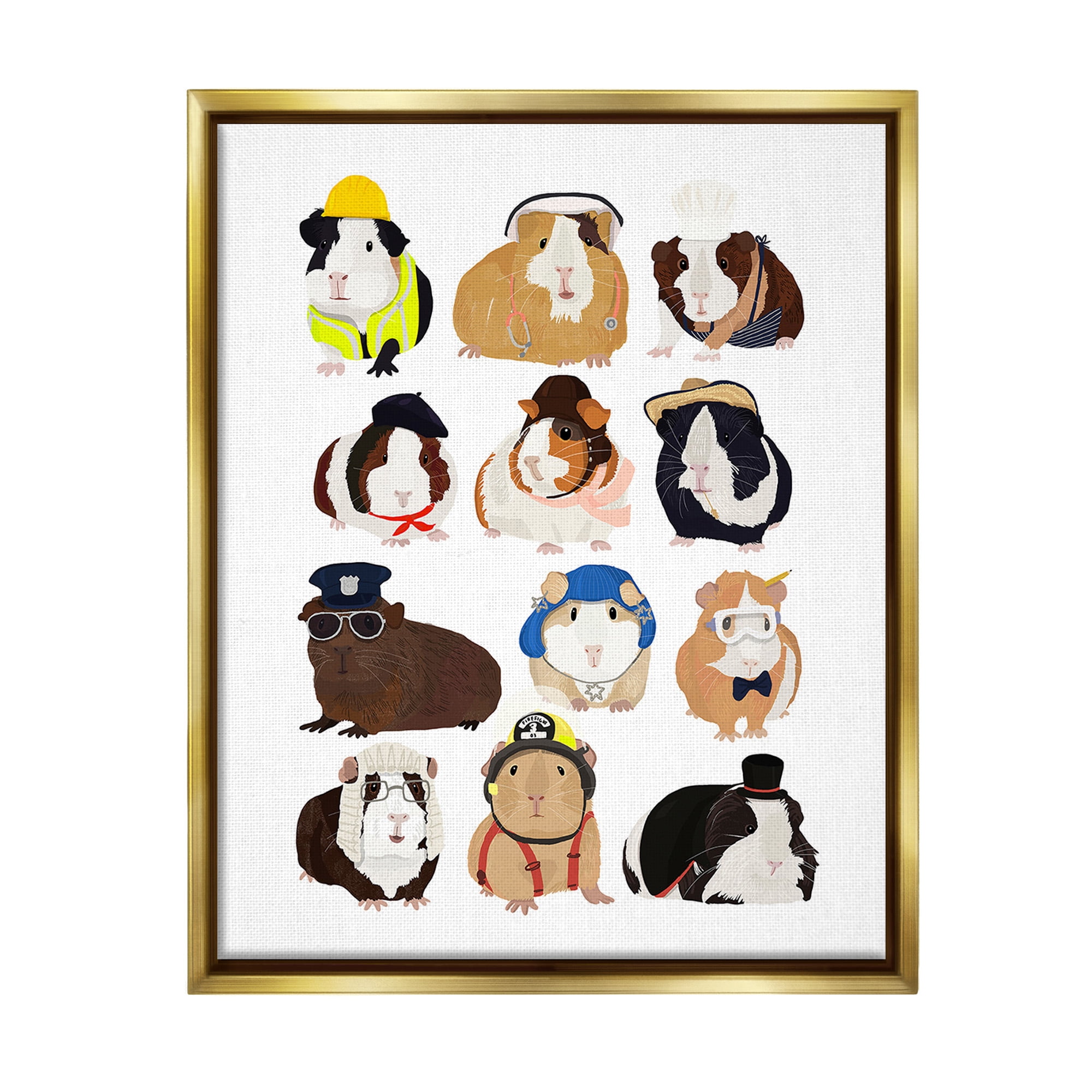 Stupell Industries Guinea Pigs Various Uniforms Animals & Insects Painting Gold Floater Framed Canvas Art Print Wall Art, 17 x 21