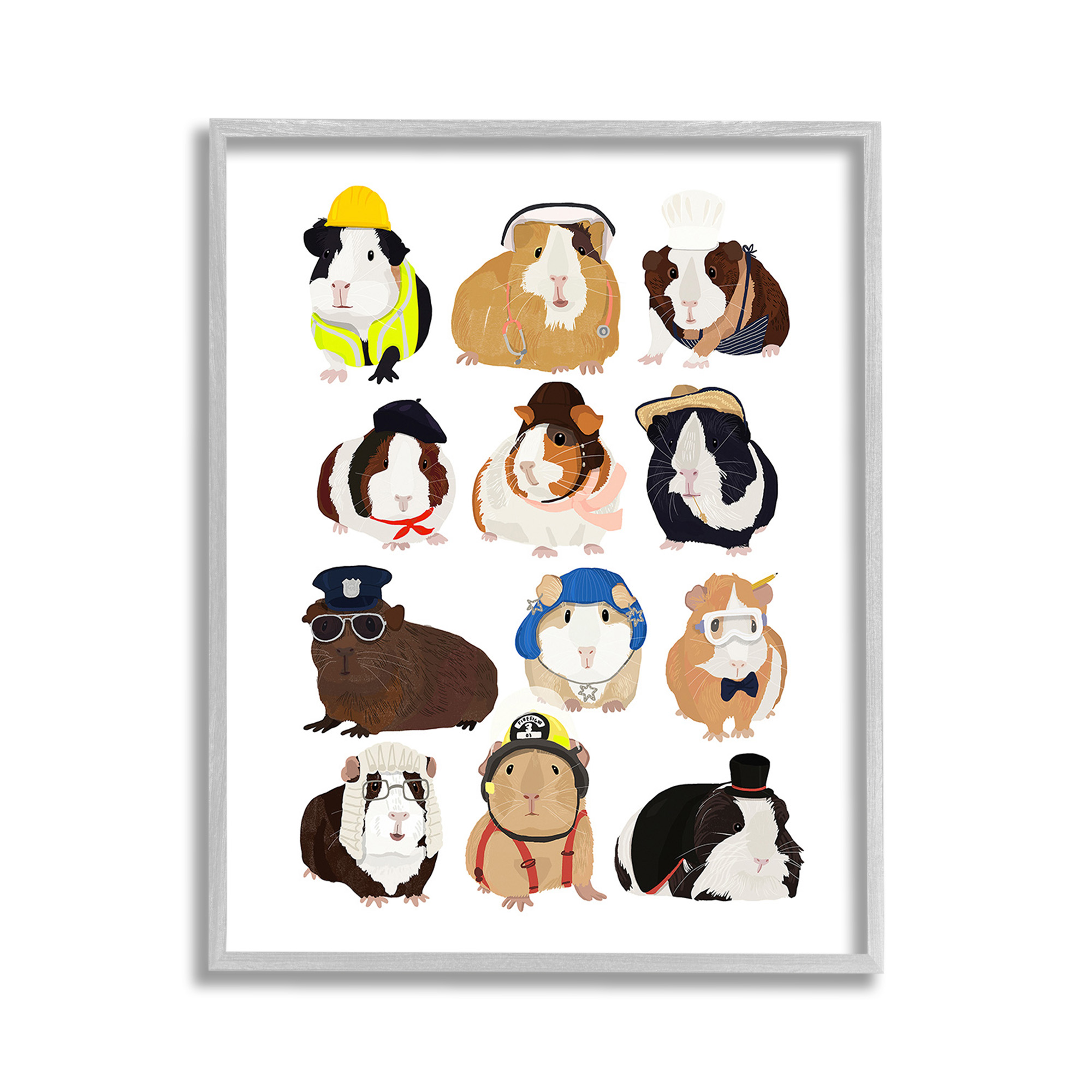 Stupell Industries Guinea Pigs Various Uniforms Animals & Insects Painting Gray Framed Art Print Wall Art, 11 x 14