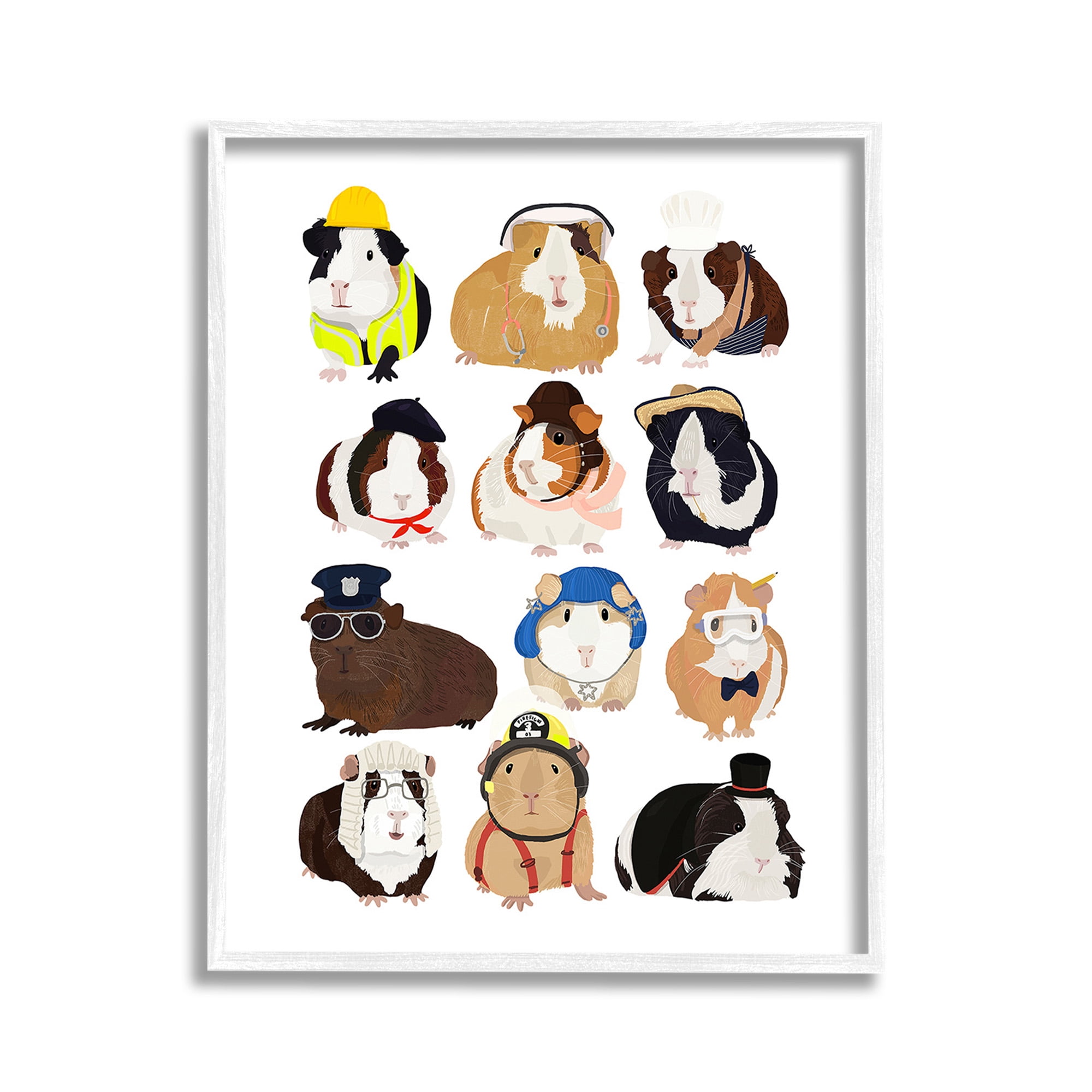 Stupell Industries Guinea Pigs Various Uniforms Animals & Insects Painting White Framed Art Print Wall Art, 11 x 14