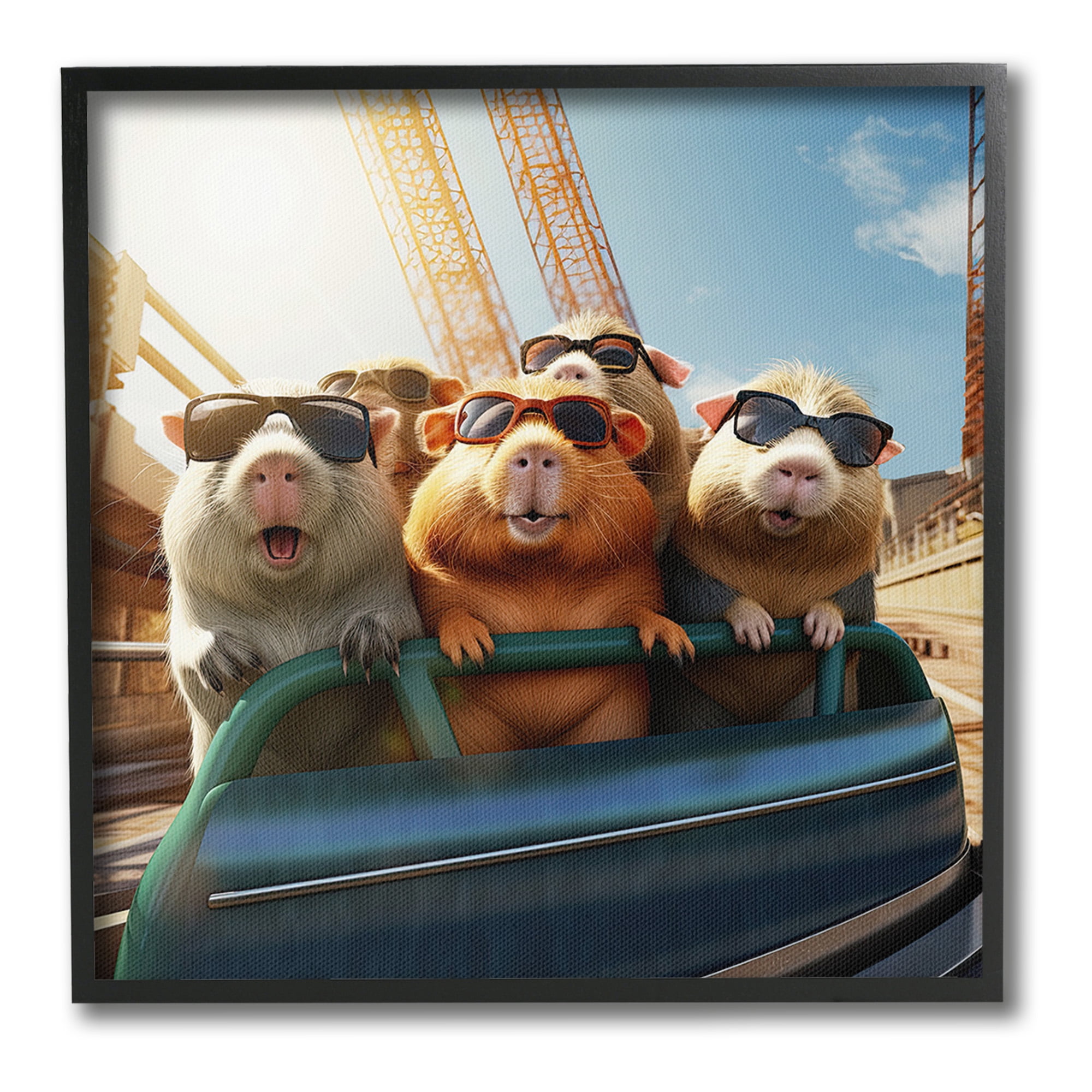 Stupell Industries Guinea Pigs on Rollercoaster Animals & Insects Painting Black Framed Art Print Wall Art, 24 x 24