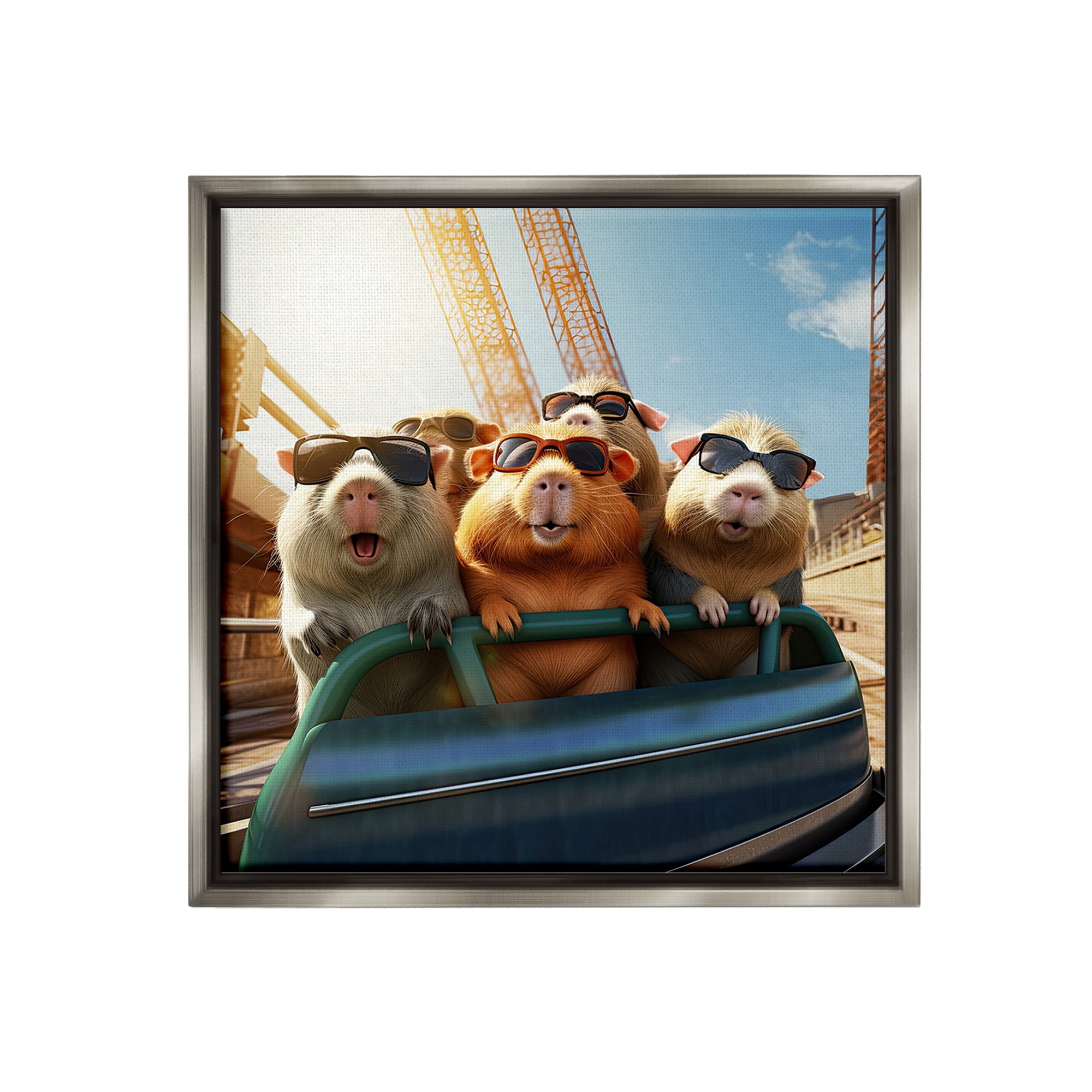 Stupell Industries Guinea Pigs on Rollercoaster Animals & Insects Painting Gray Floater Framed Canvas Art Print Wall Art, 25 x 25