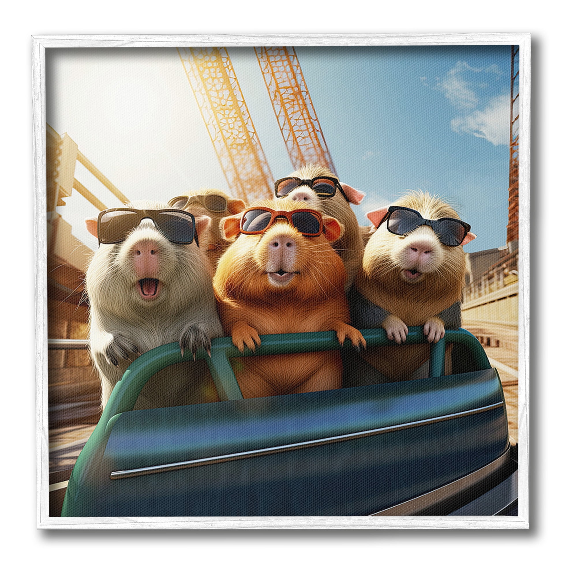 Stupell Industries Guinea Pigs on Rollercoaster Animals & Insects Painting White Framed Art Print Wall Art, 24 x 24