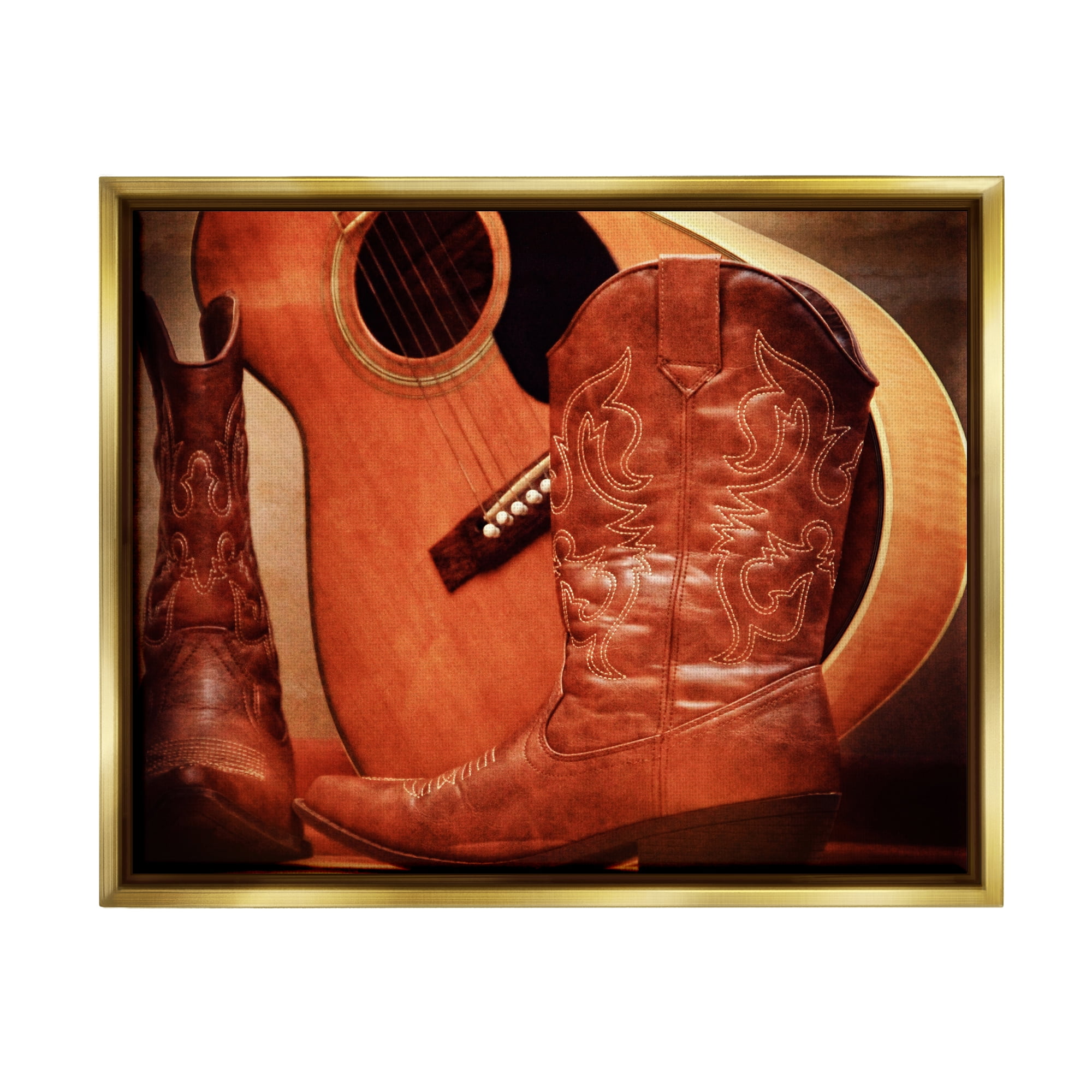 Stupell Industries Guitar & Cowboy Boots Literature & Flim Photography Gold Floater Framed Canvas Art Print Wall Art, 21 x 17
