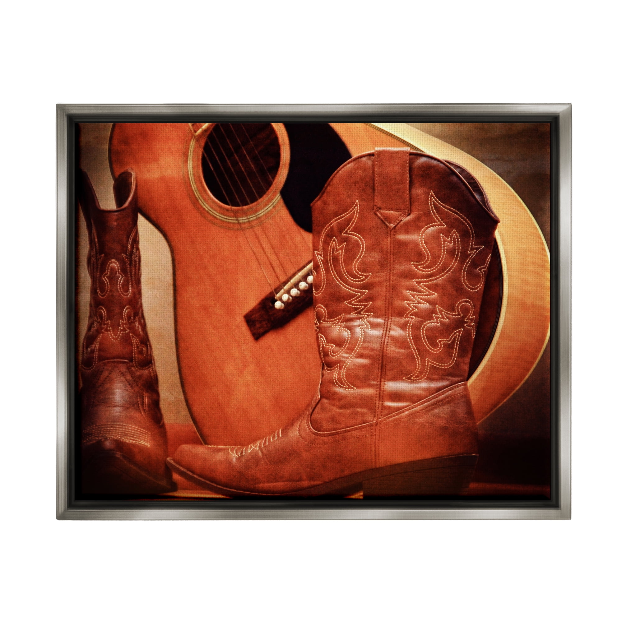 Stupell Industries Guitar & Cowboy Boots Literature & Flim Photography Gray Floater Framed Canvas Art Print Wall Art, 31 x 25