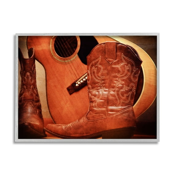 Stupell Industries Guitar & Cowboy Boots Literature & Flim Photography Gray Framed Art Print Wall Art, 14 x 11