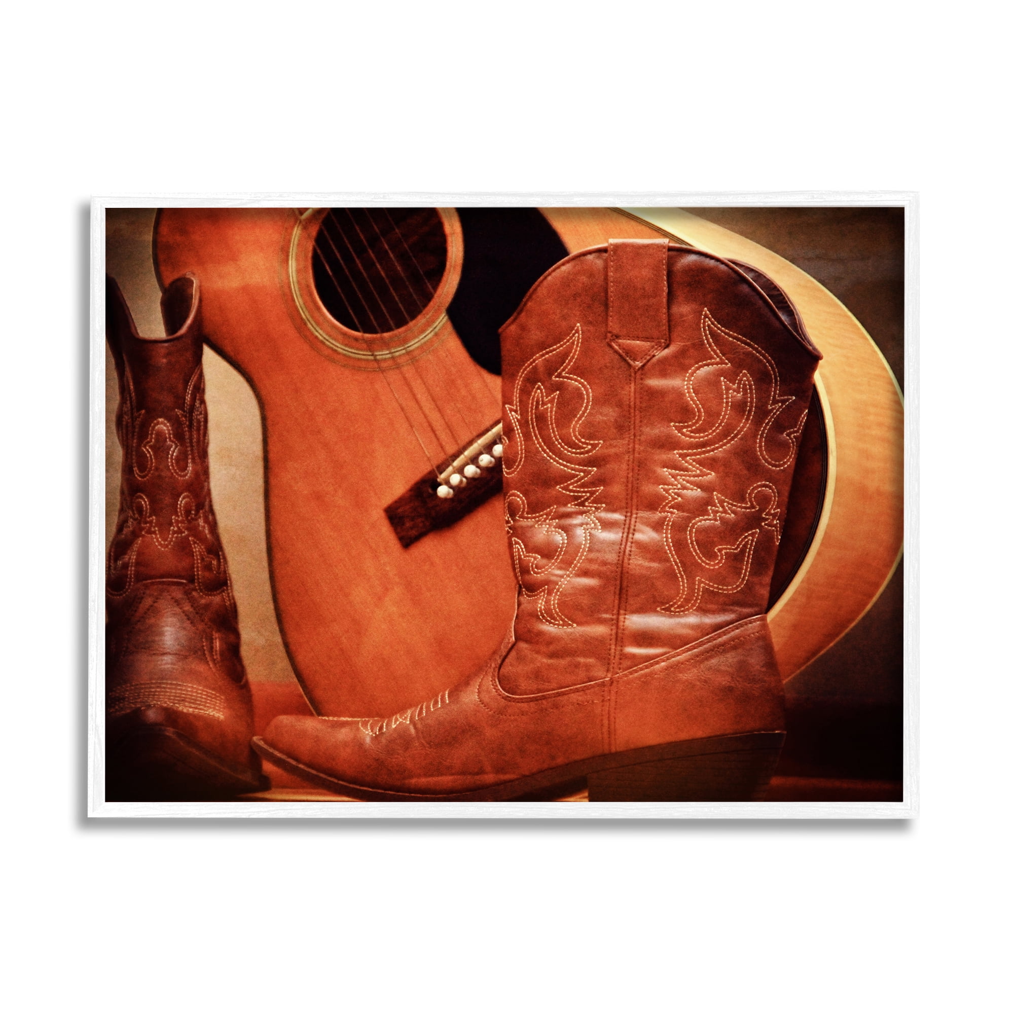 Stupell Industries Guitar & Cowboy Boots Literature & Flim Photography White Framed Art Print Wall Art, 14 x 11