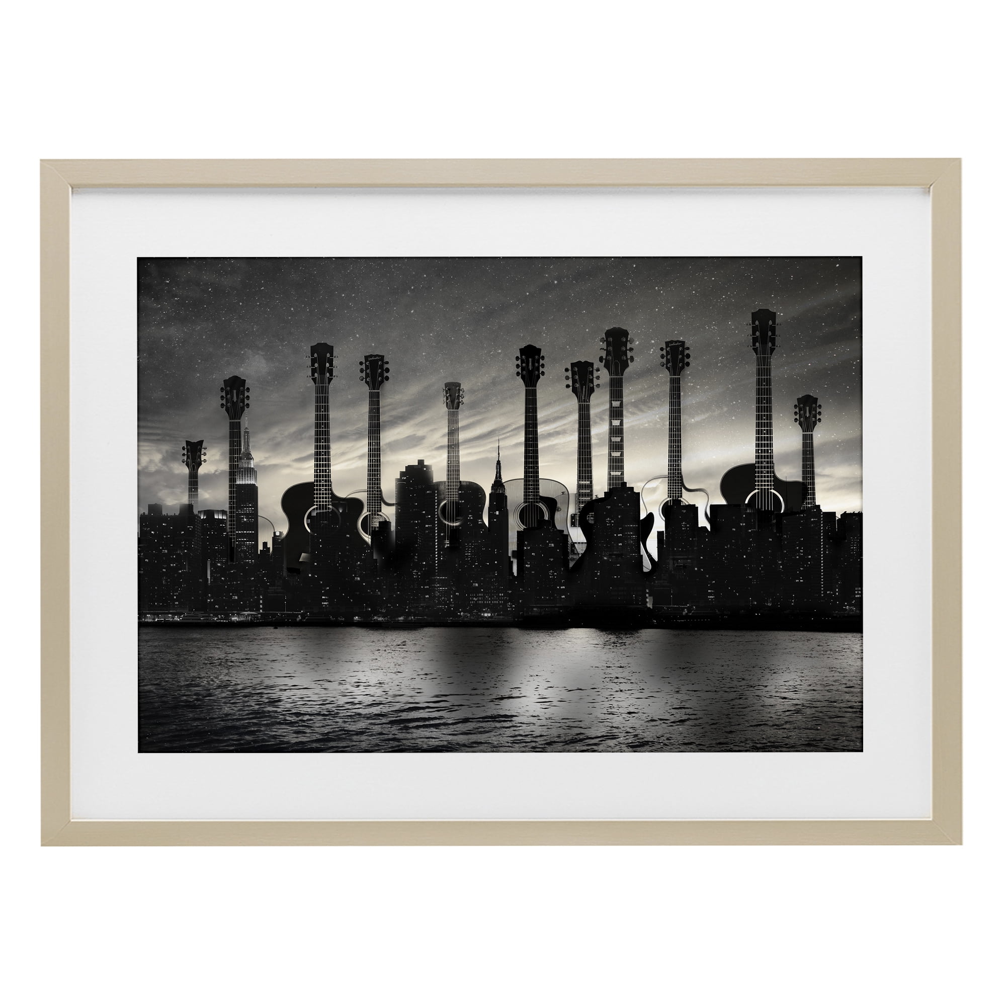 Stupell Industries Guitar Skyline Cityscape Birch Framed Print Under Glass, design by CAD Designs