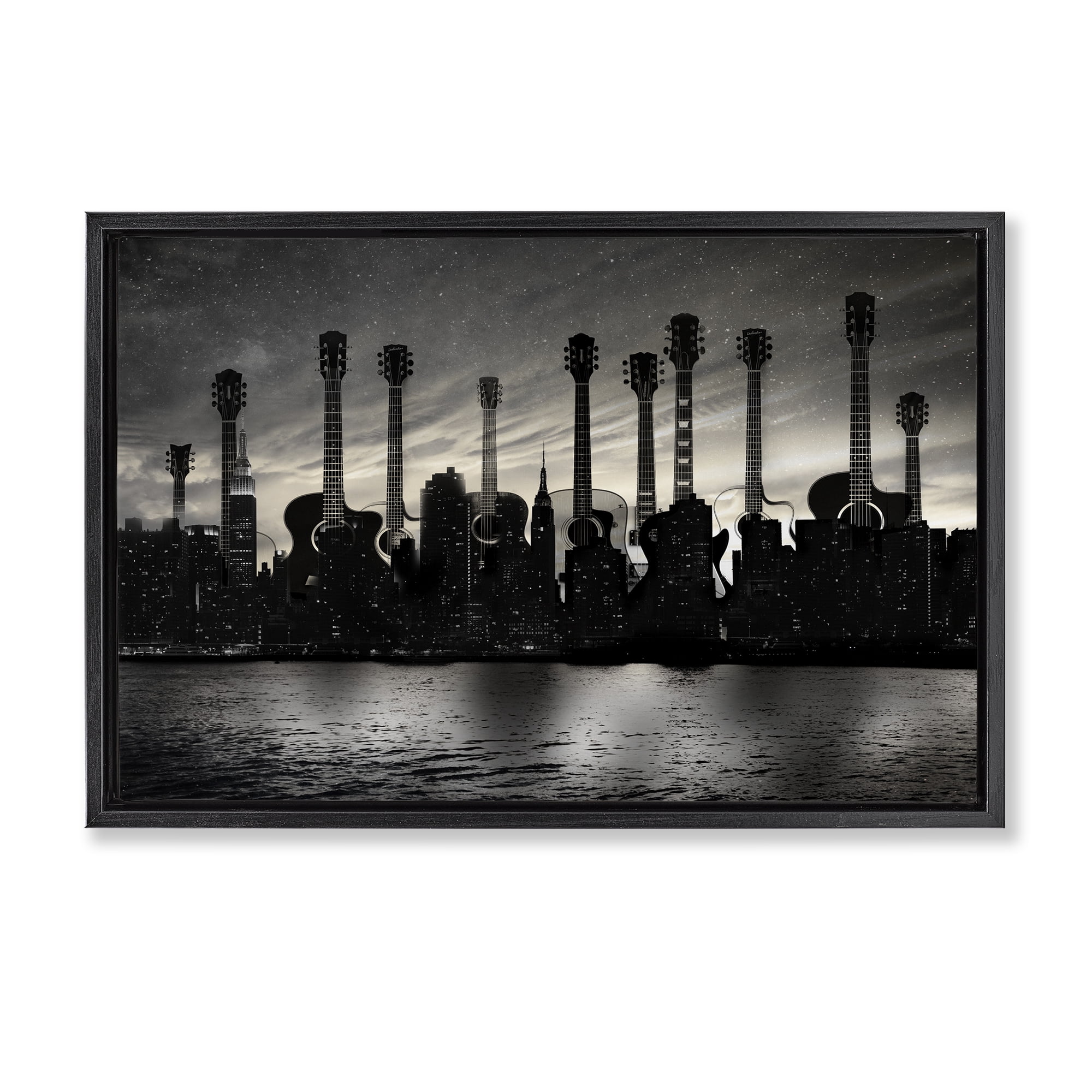 Stupell Industries Guitar Skyline Cityscape Black Framed Floater Canvas Wall Art, design by CAD Designs