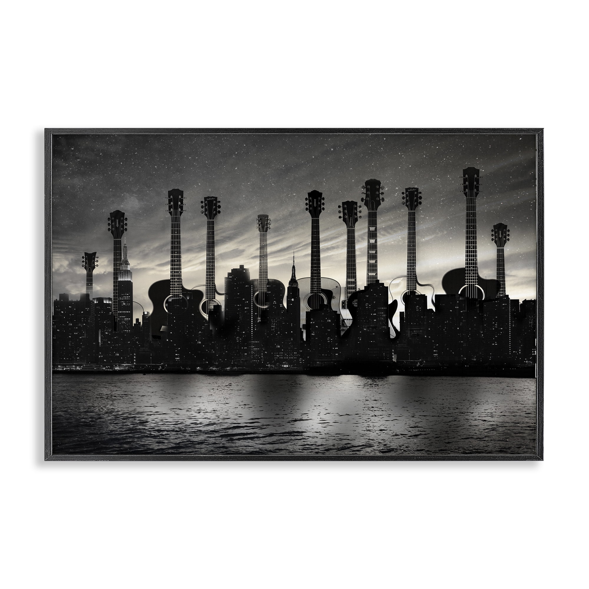 Stupell Industries Guitar Skyline Cityscape Black Framed Giclee Art, design by CAD Designs
