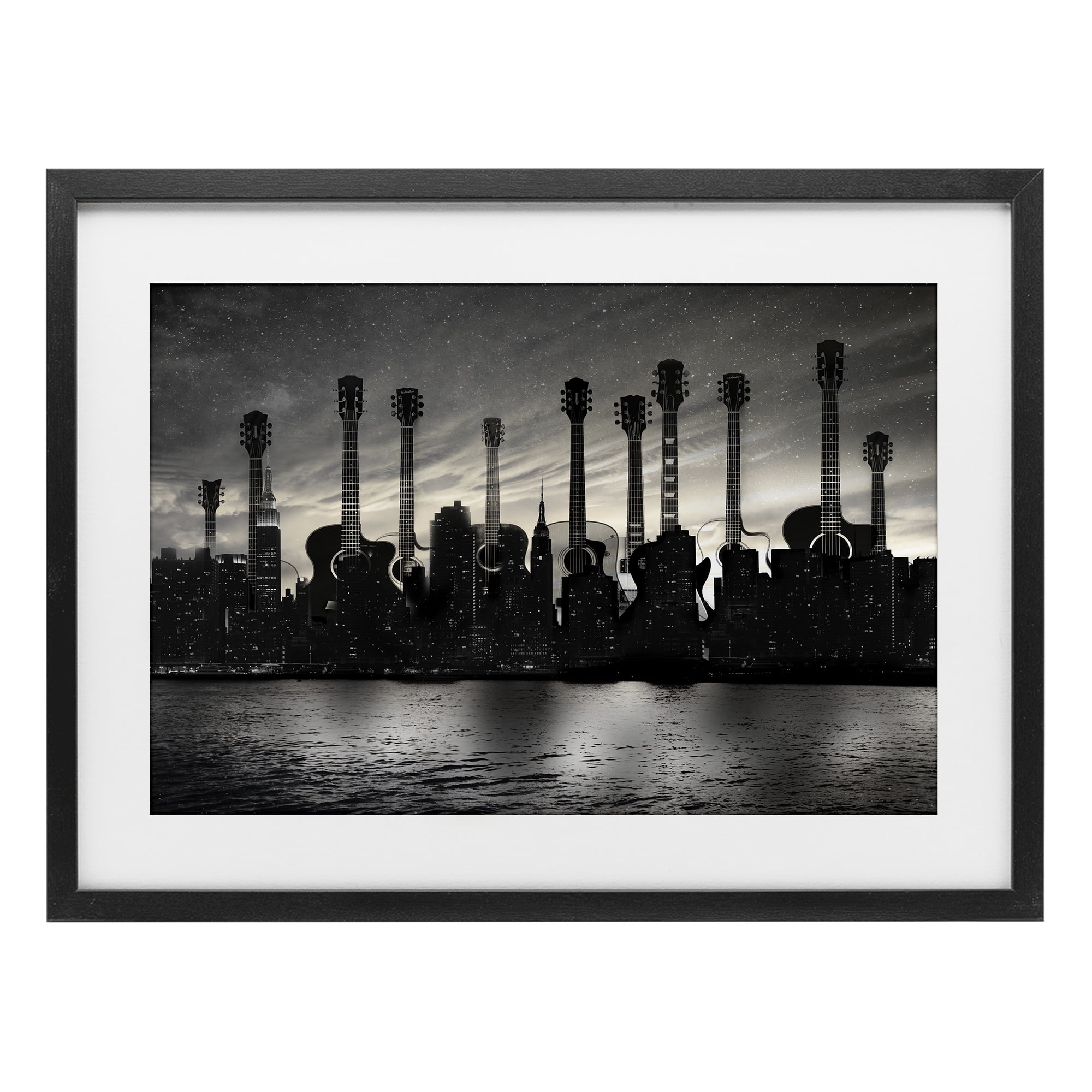Stupell Industries Guitar Skyline Cityscape Black Framed Print Under Glass, design by CAD Designs