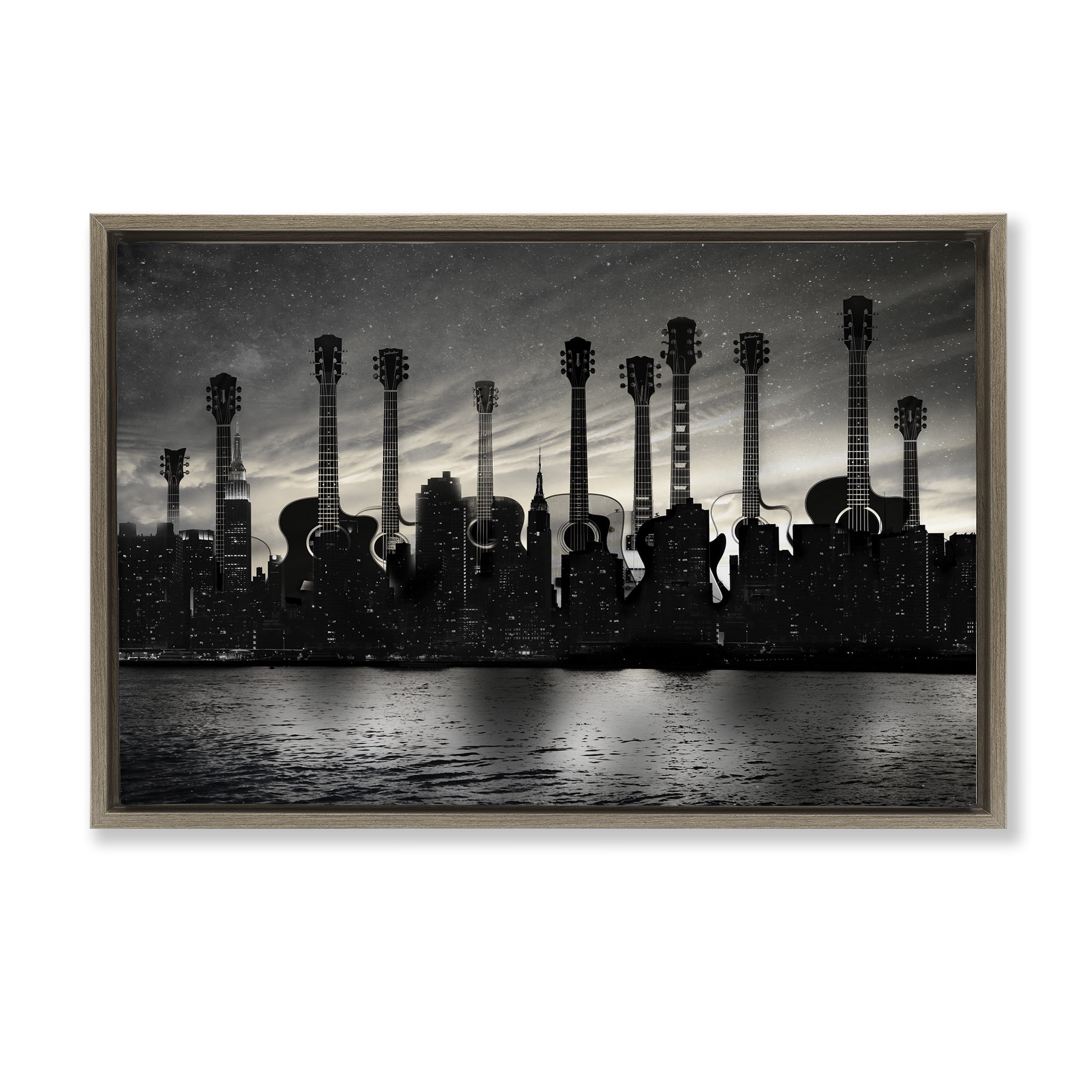 Stupell Industries Guitar Skyline Cityscape Brown Framed Floater Canvas Wall Art, design by CAD Designs