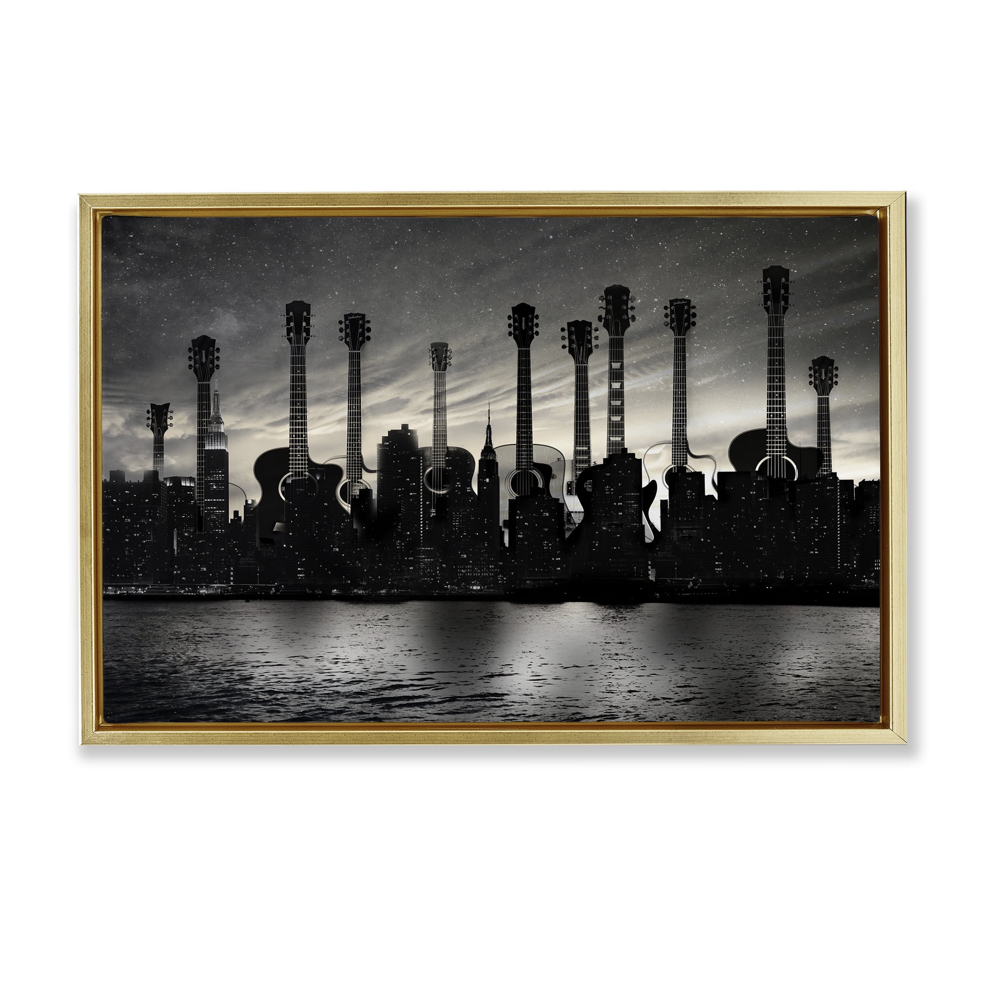 Stupell Industries Guitar Skyline Cityscape Gold Framed Floater Canvas Wall Art, design by CAD Designs