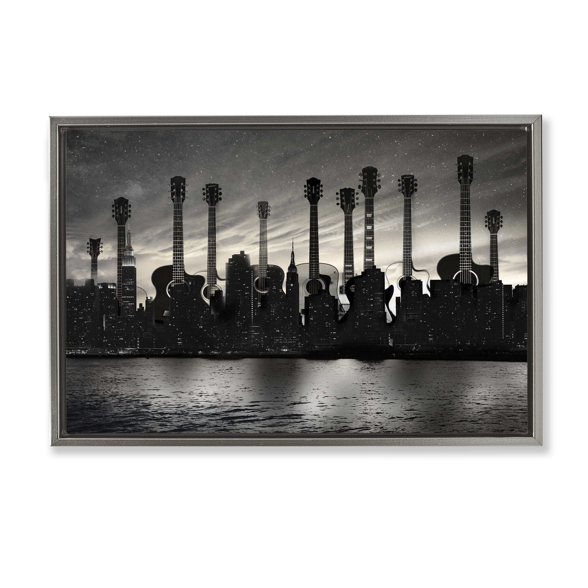 Stupell Industries Guitar Skyline Cityscape Gray Framed Floater Canvas Wall Art, design by CAD Designs