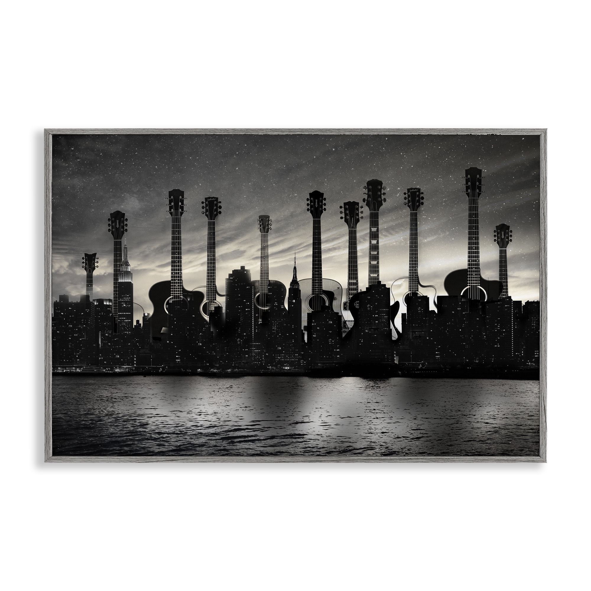 Stupell Industries Guitar Skyline Cityscape Gray Framed Giclee Art, design by CAD Designs