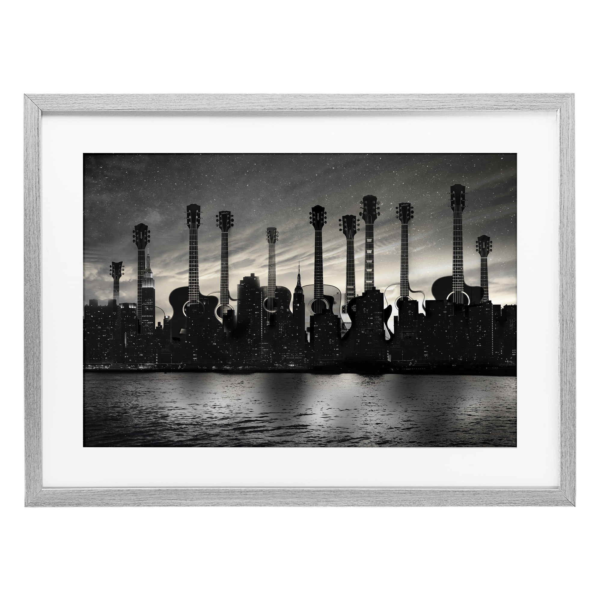 Stupell Industries Guitar Skyline Cityscape Gray Framed Print Under Glass, design by CAD Designs