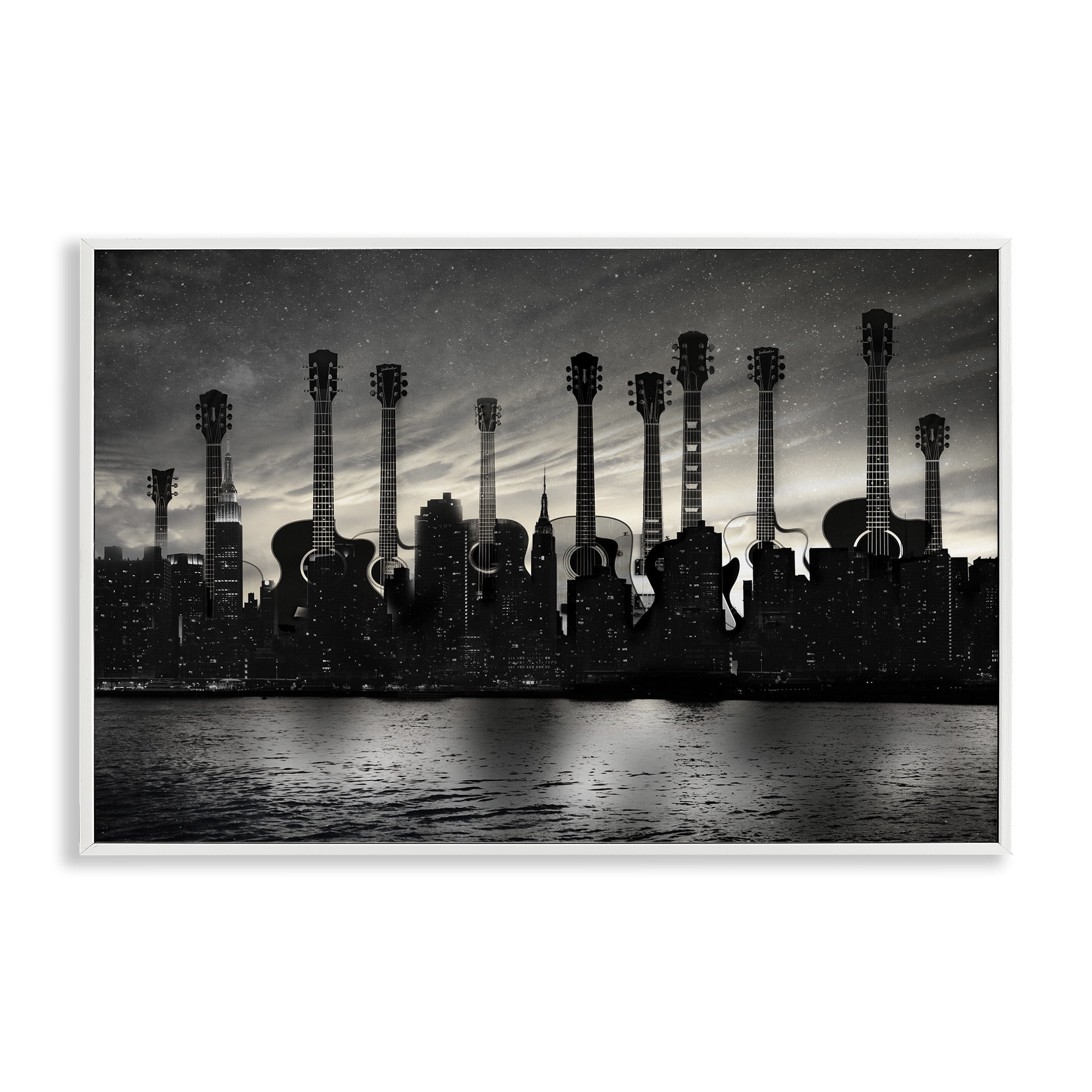 Stupell Industries Guitar Skyline Cityscape White Framed Giclee Art, design by CAD Designs