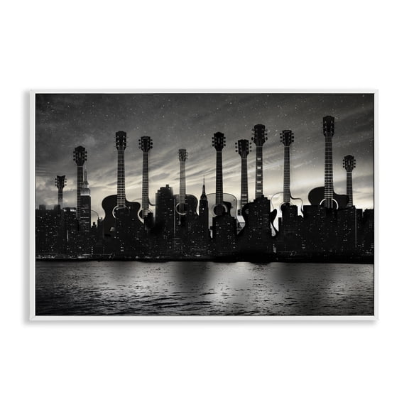 Stupell Industries Guitar Skyline Cityscape White Framed Giclee Art, design by CAD Designs