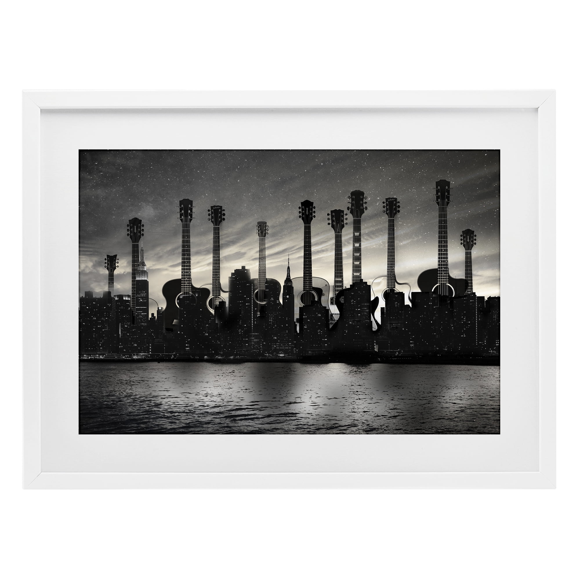 Stupell Industries Guitar Skyline Cityscape White Framed Print Under Glass, design by CAD Designs