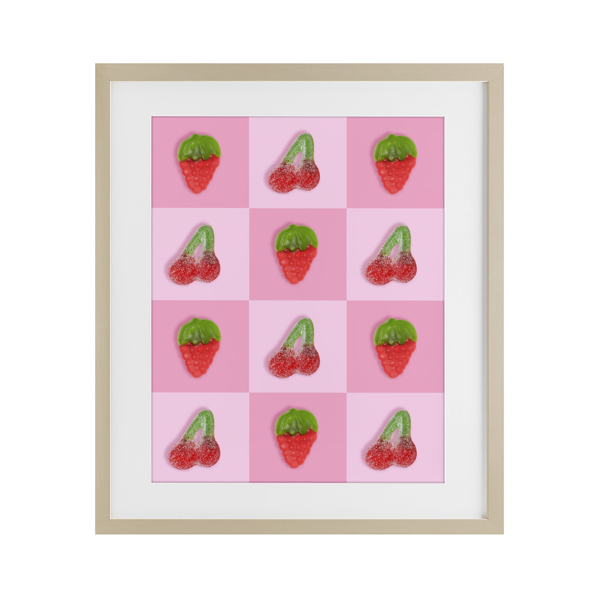 Stupell Industries Gummy Strawberry and Cherry Checkerboard Birch Framed Print Under Glass, design by LISH Creative